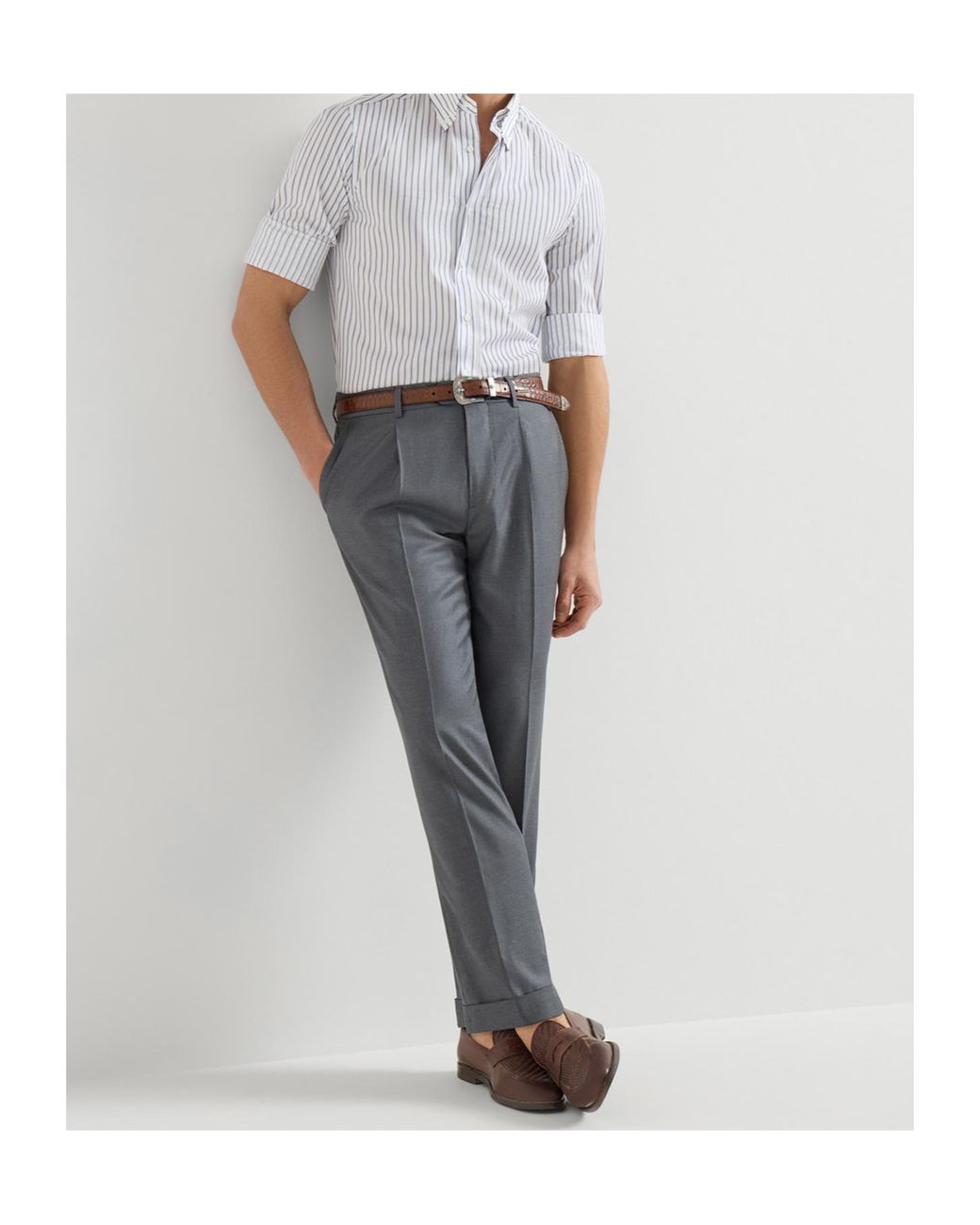 Brunello Cucinelli Gray Super 150S Virgin Wool Four Season Batavia Trousers With Pleat for men