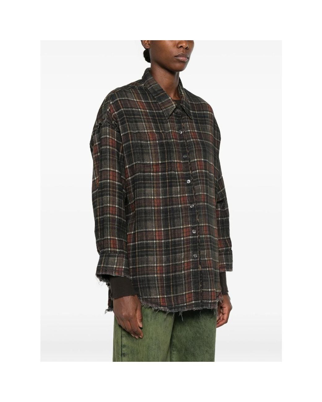 R13 Gray Checked Distressed Reversible Shirt