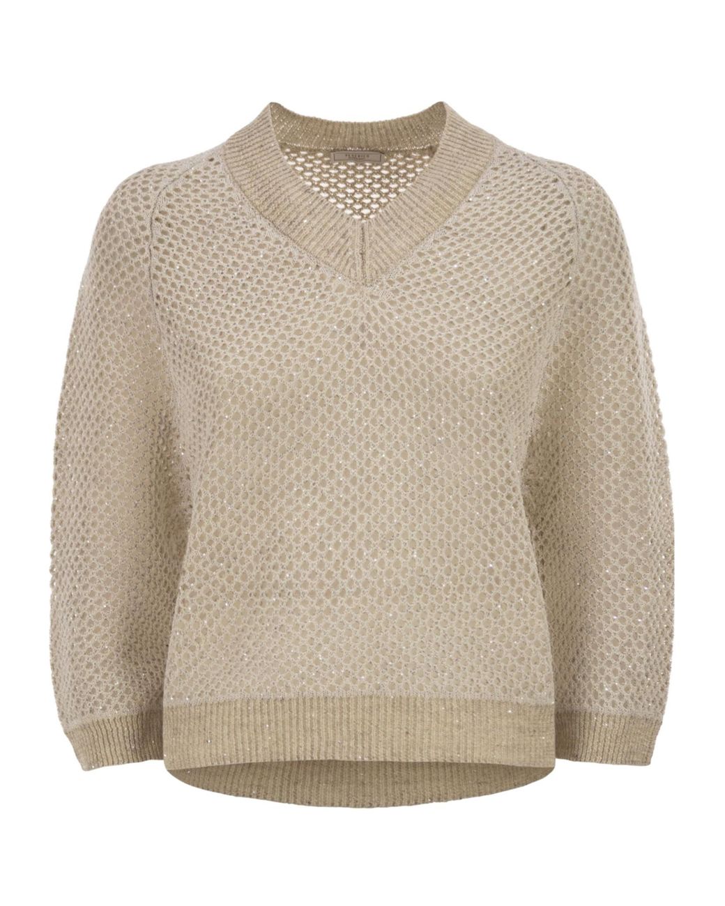 Peserico Natural V-Neck Embellished Mesh Knit Top