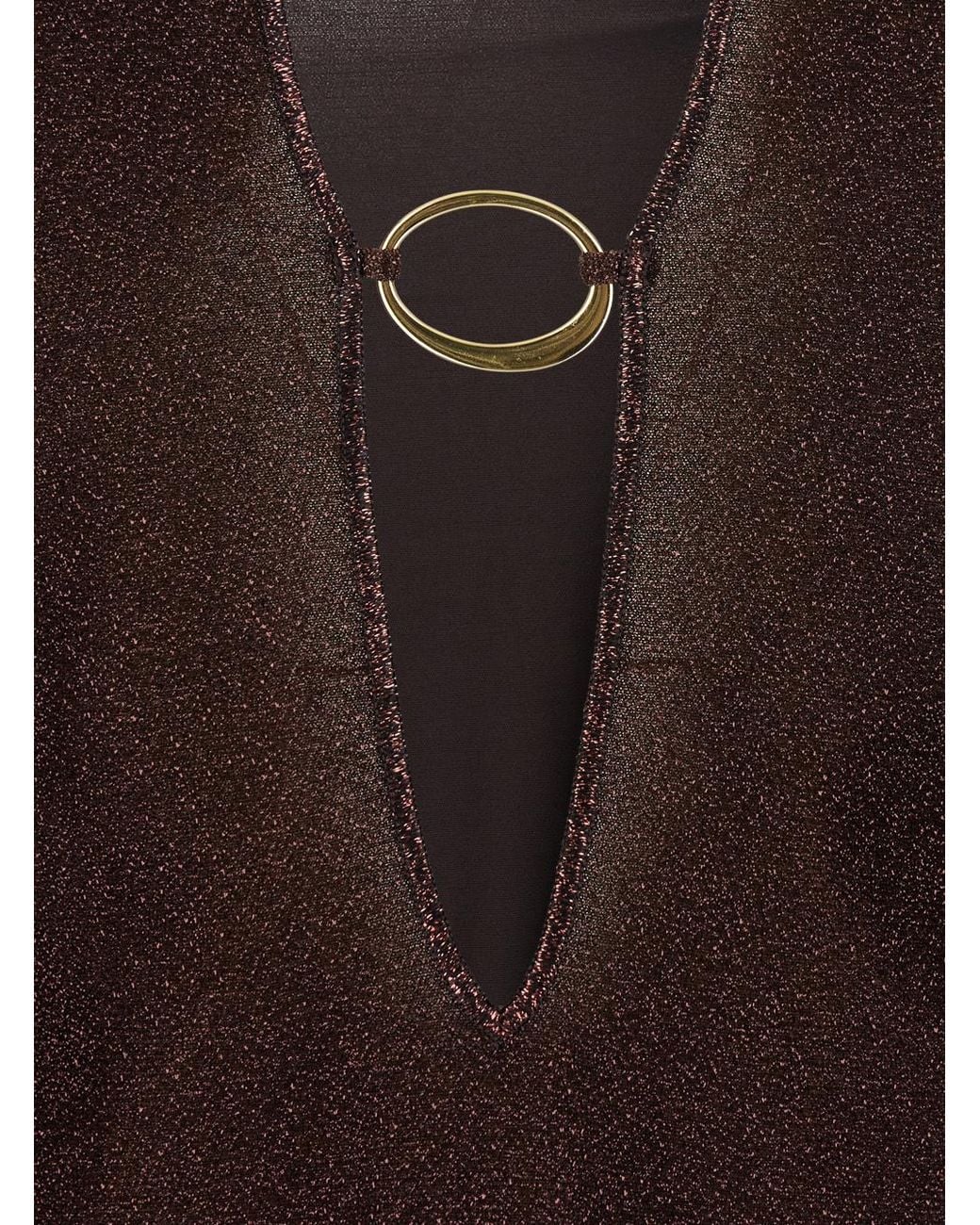 Oseree Brown Ring-Detail V-Neck Mini Dress