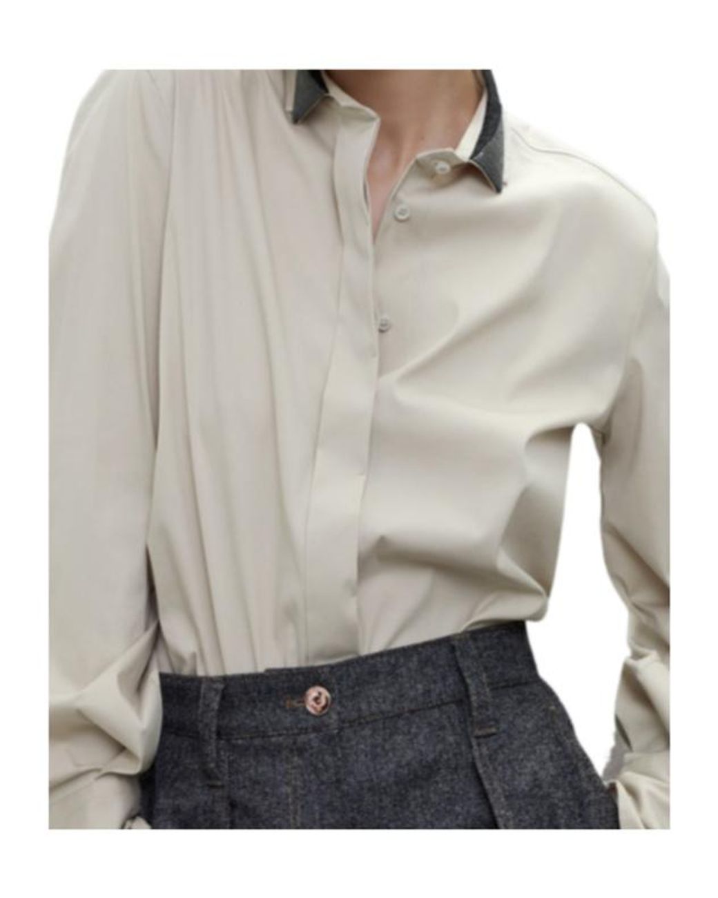 Brunello Cucinelli Natural Monili-Collar Long-Sleeve Blouse