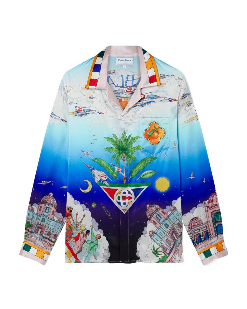 Casablanca Blue Cuban-Collar Silk Shirt for men