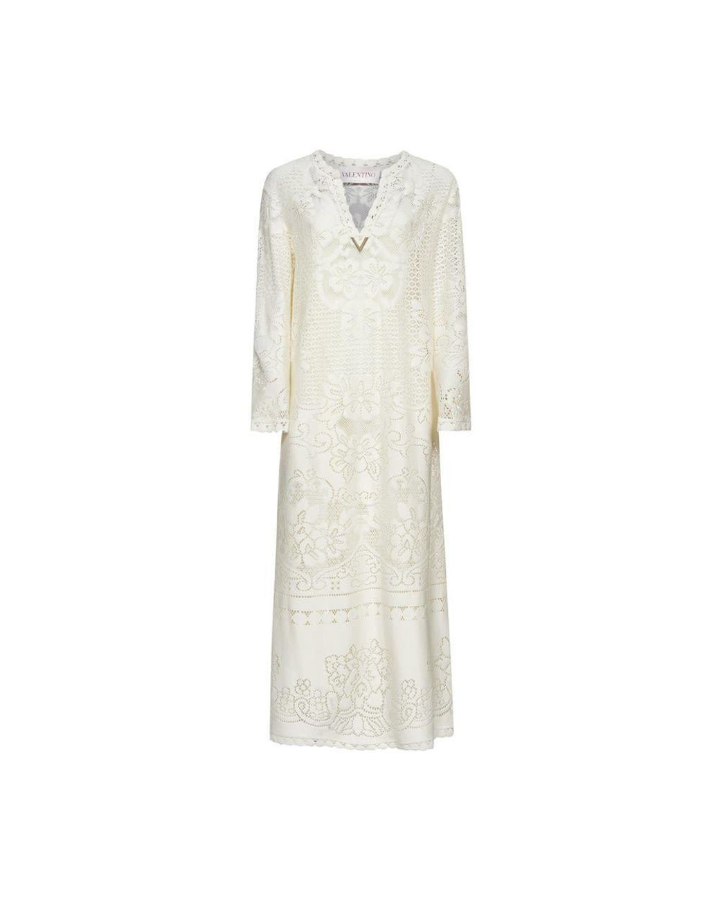 Valentino White Logo Plaque Flared Long-Sleeved Dress