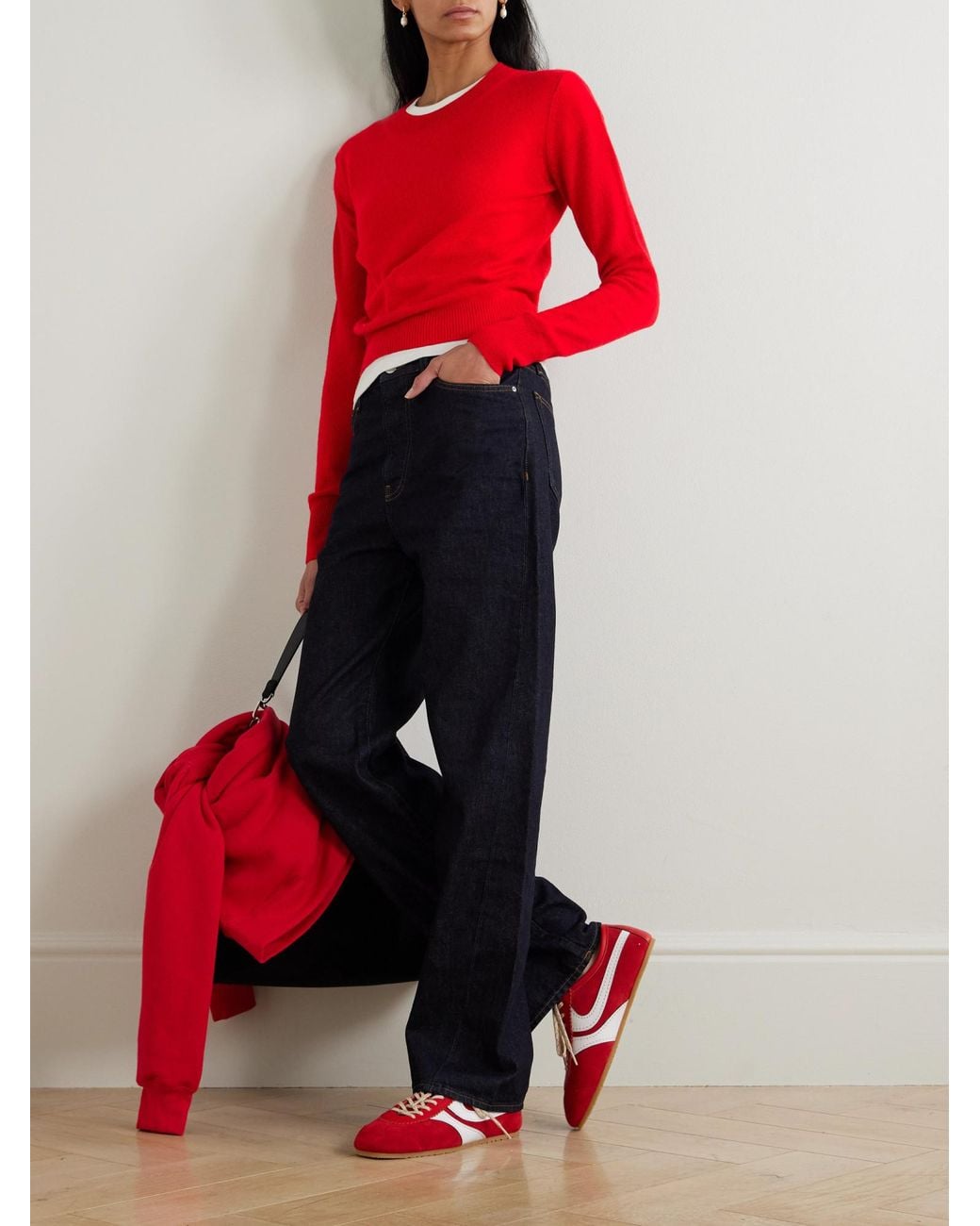ÉTERNE Red Solid-Color Cropped Cashmere Sweater