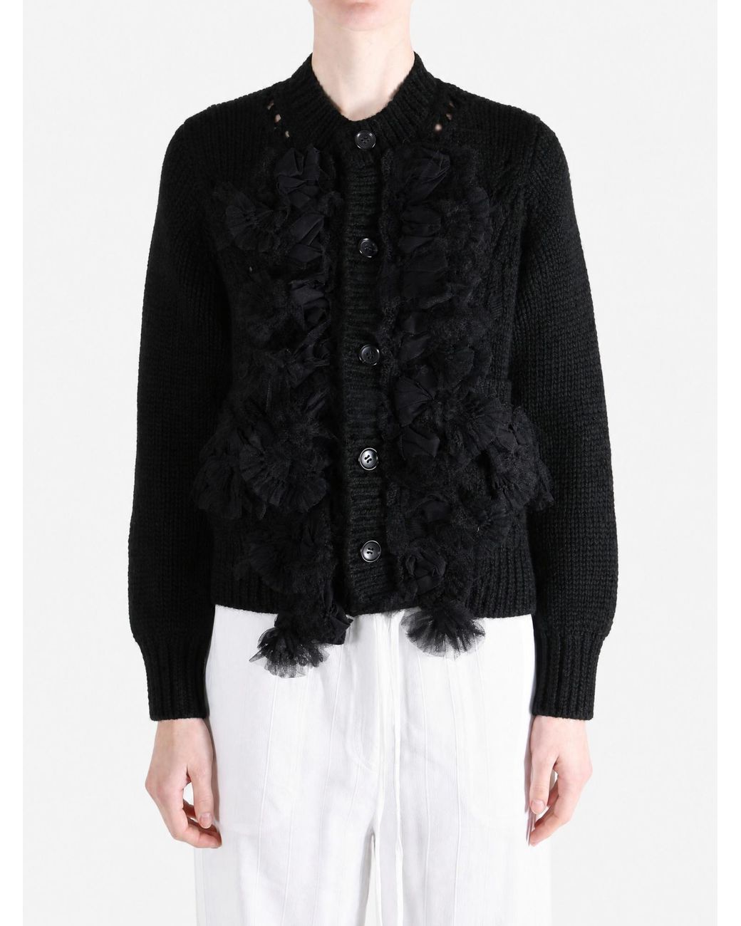 Comme des Garçons Black Ruffle-Trimmed Chunky-Knit Cardigan