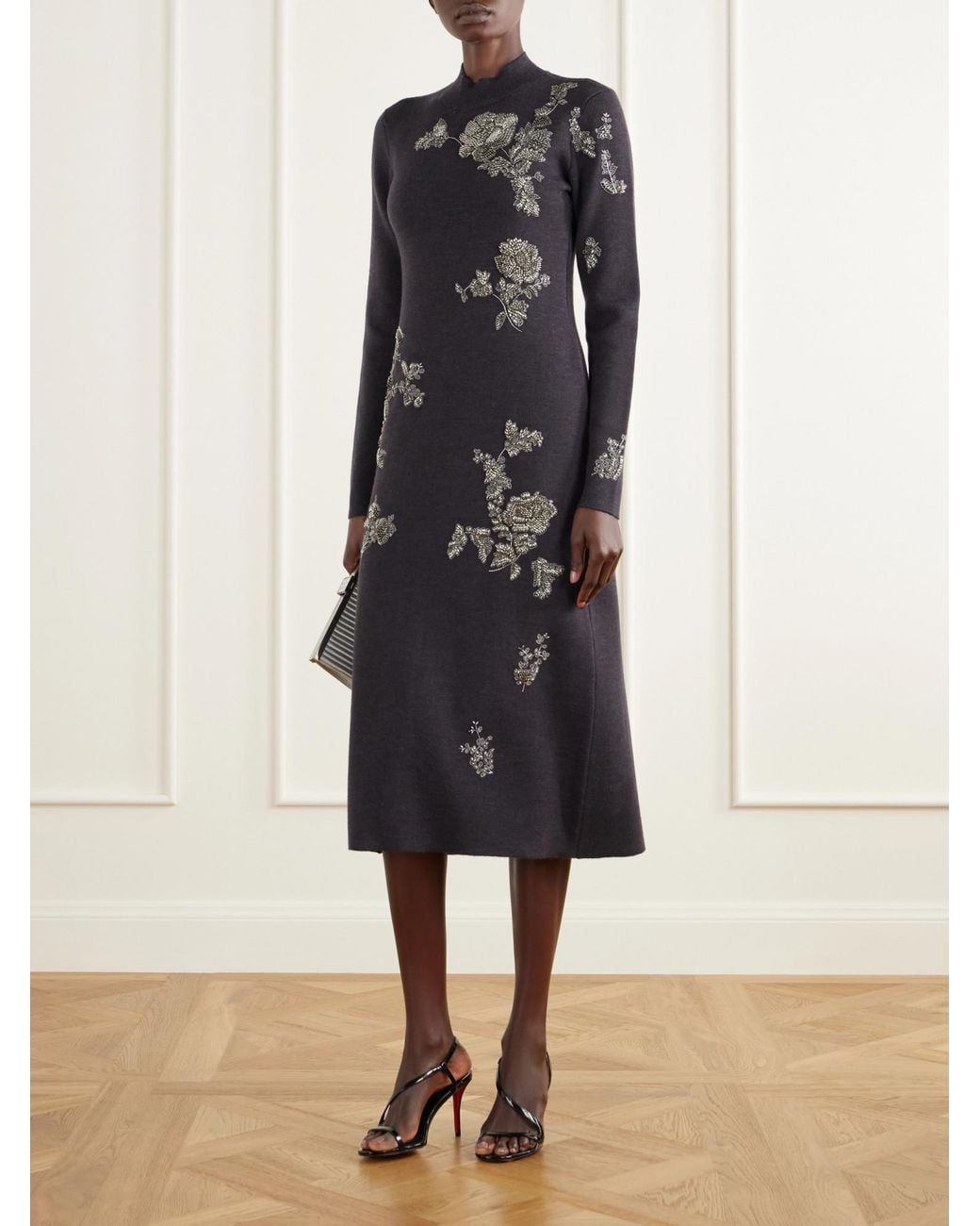 Oscar de la Renta Black Bead-Embellished Embroidered Wool-Blend Knitted Midi Dress