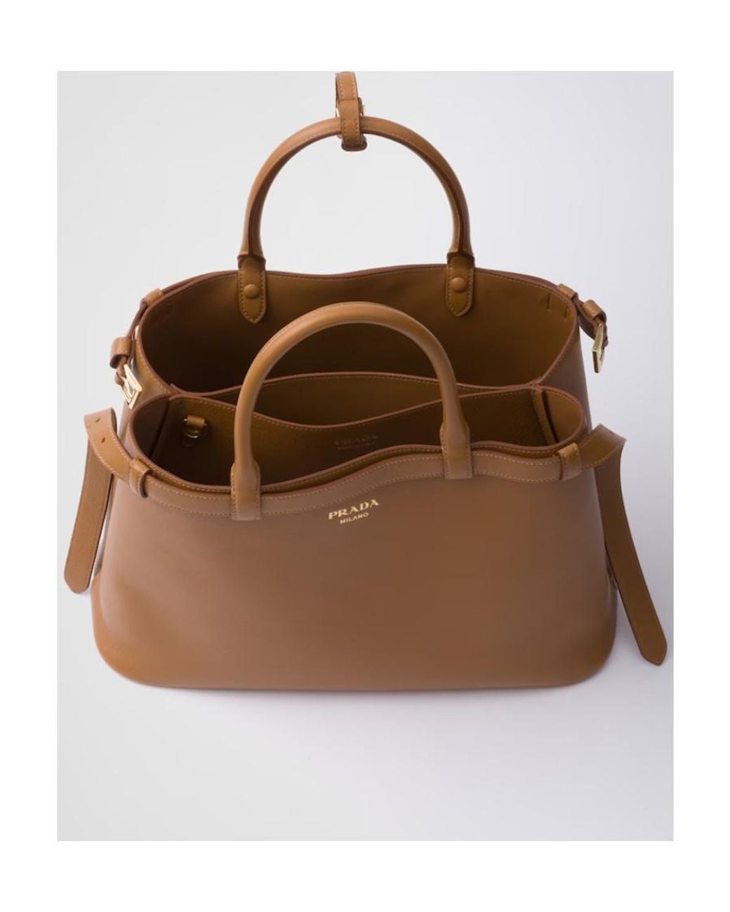 Prada Brown Buckle Medium Leather Handbag With Double Belt