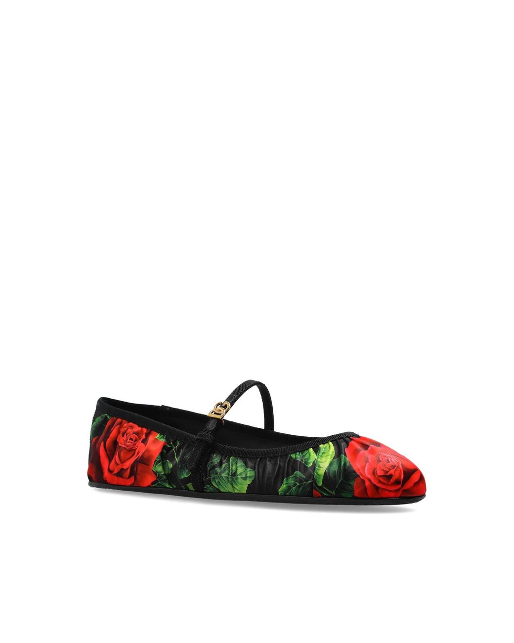Dolce & Gabbana Red Rose-Print Satin Ballet Flats
