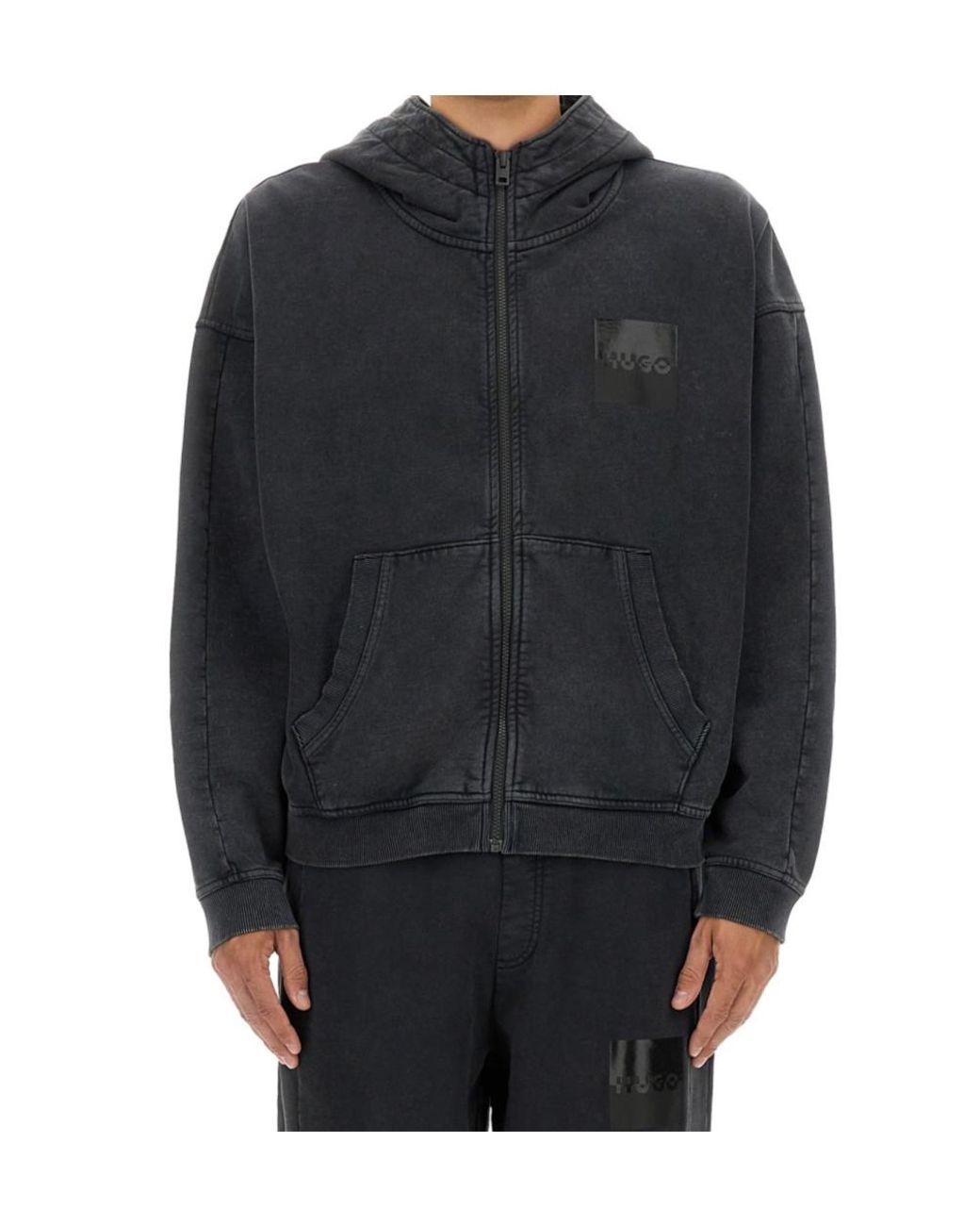 Boss Blue Hugo Logo Patch Zipped Hoodie for men