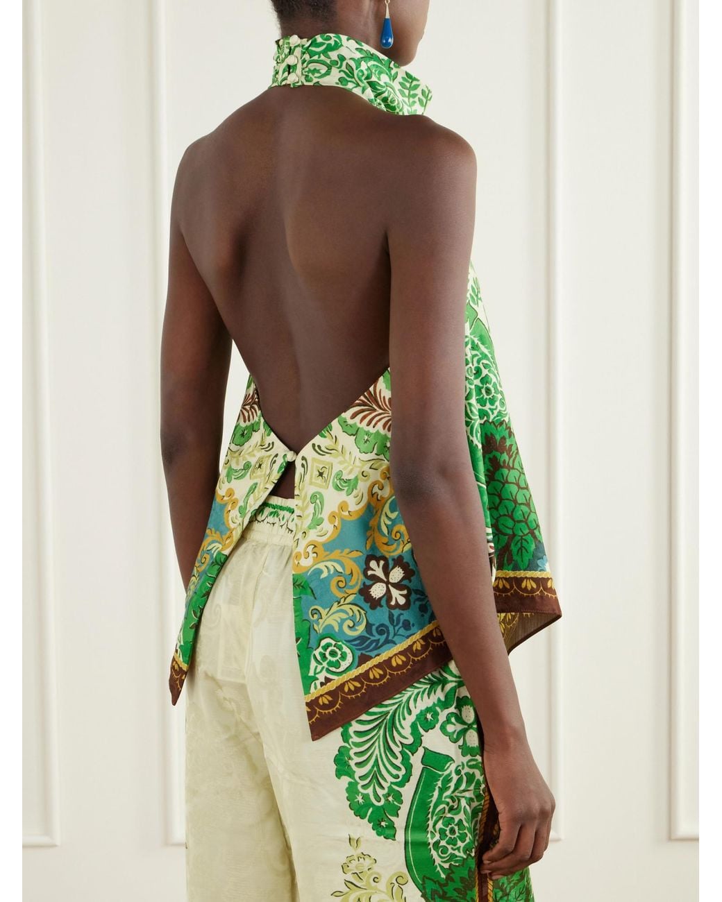 ALÉMAIS Green Floral-Jacquard Satin Top