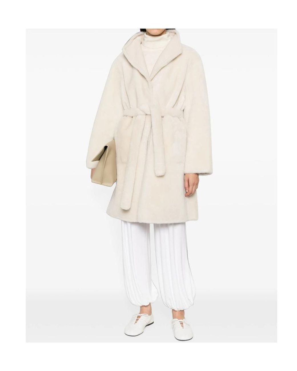 Yves Salomon White Belted Shearling Coat