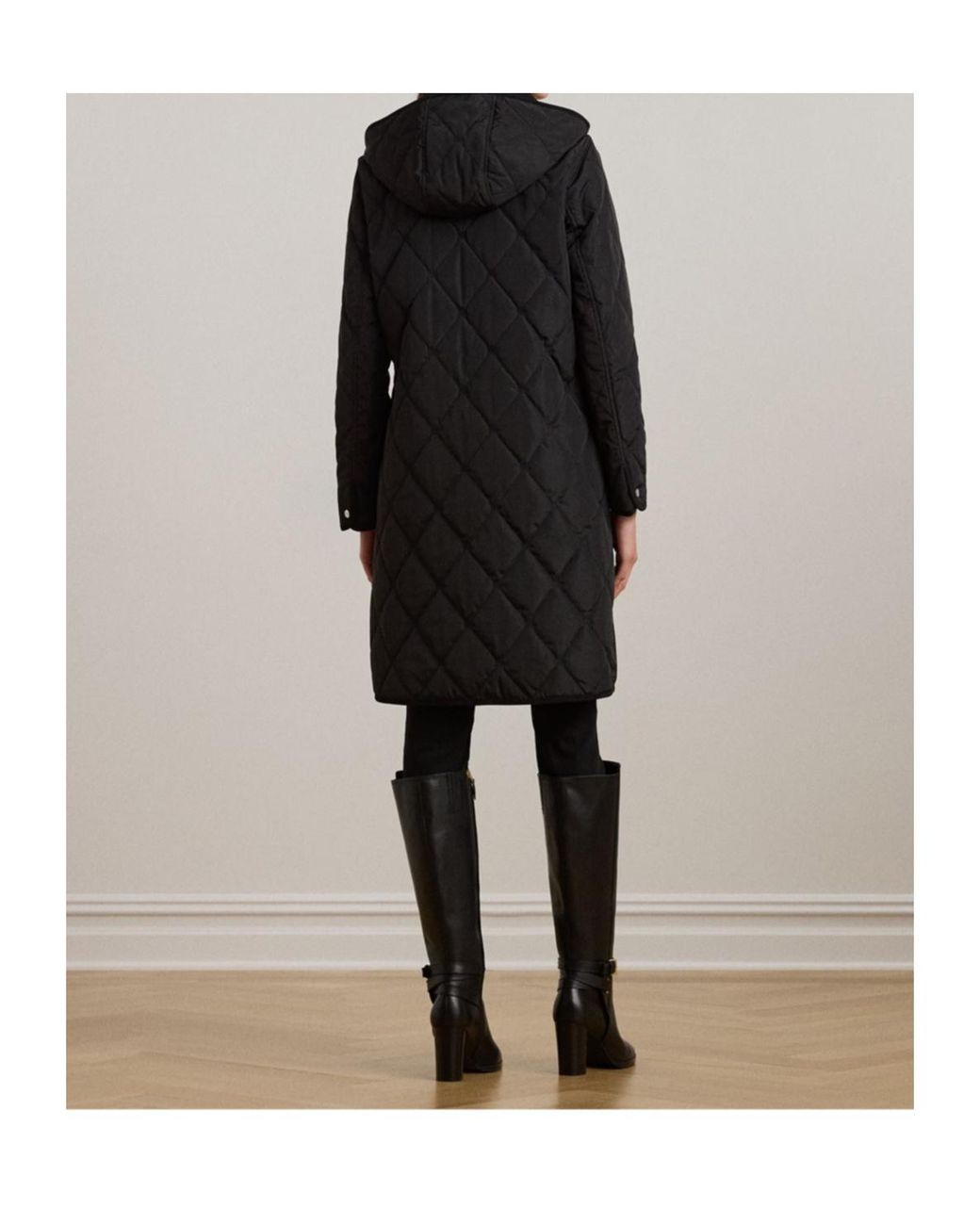 Ralph Lauren Black Corduroy-Trim Logo Quilted Hooded Coat