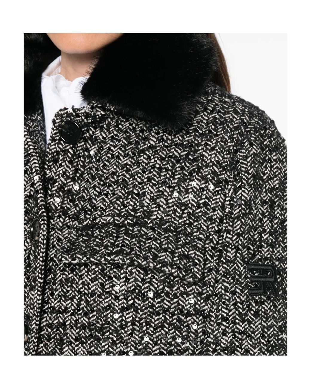 ERMANNO FIRENZE Black Sequin-Embellished Herringbone Jacket