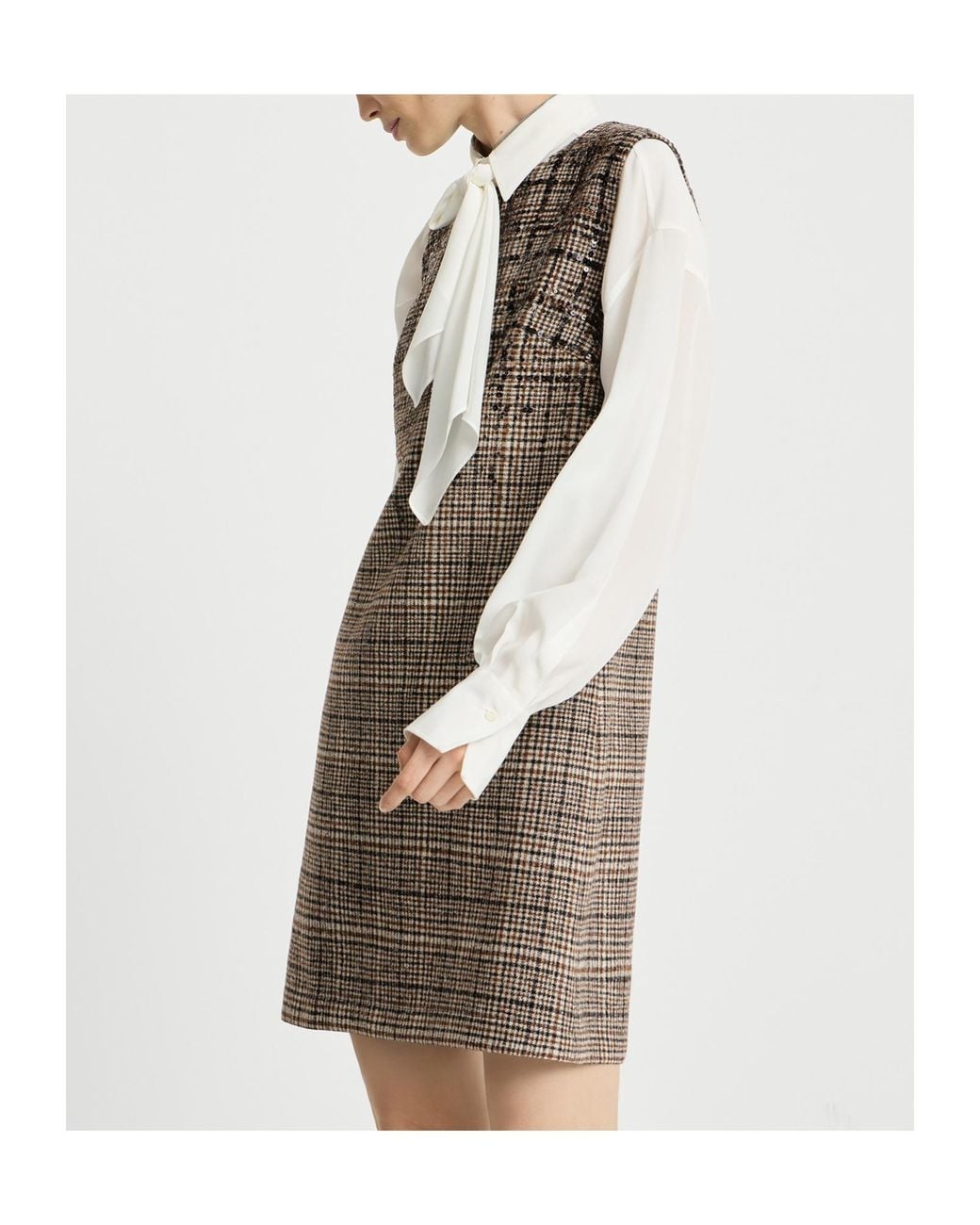 Brunello Cucinelli Brown Checked Alpaca And Wool Mini Dress With Dazzling Degradé Embroidery