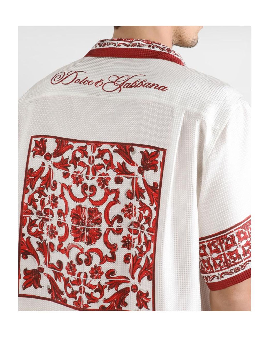 Dolce & Gabbana White Majolica-Printed Jacquard Hawaii Shirt for men