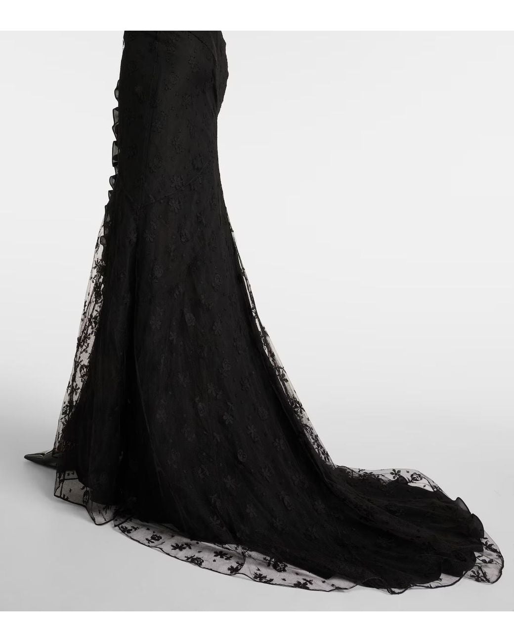 Alessandra Rich Black Bow-Decorated Ruffled Off-Shoulder Lace Dress