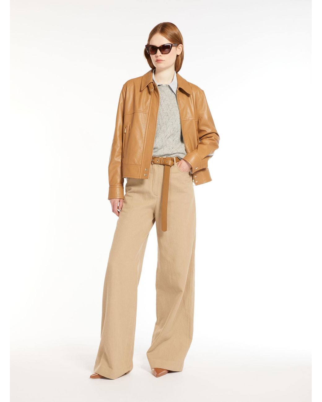 Max Mara Brown Shirt Collar Leather Jacket