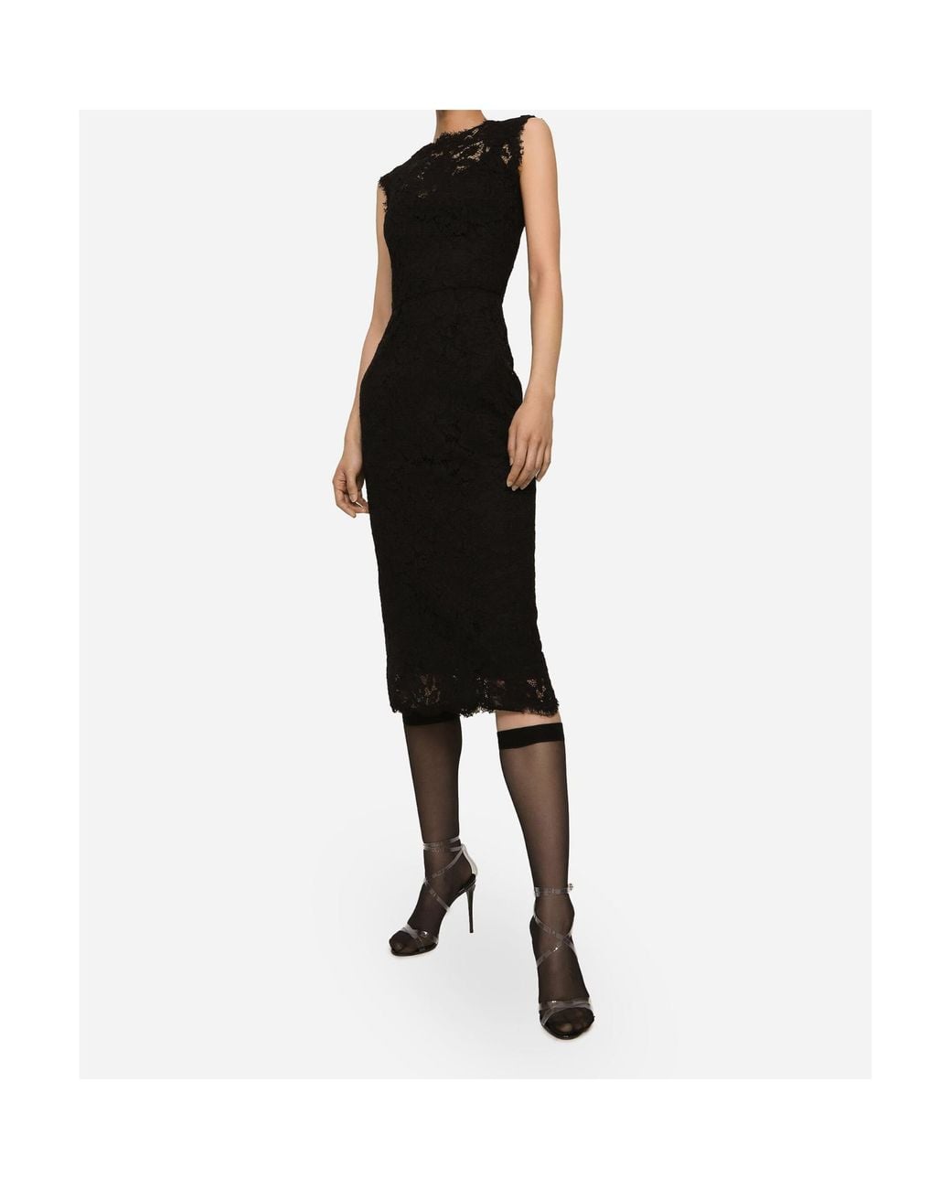 Dolce & Gabbana Black Floral-Lace Scallop Edge Sleeveless Midi Dress