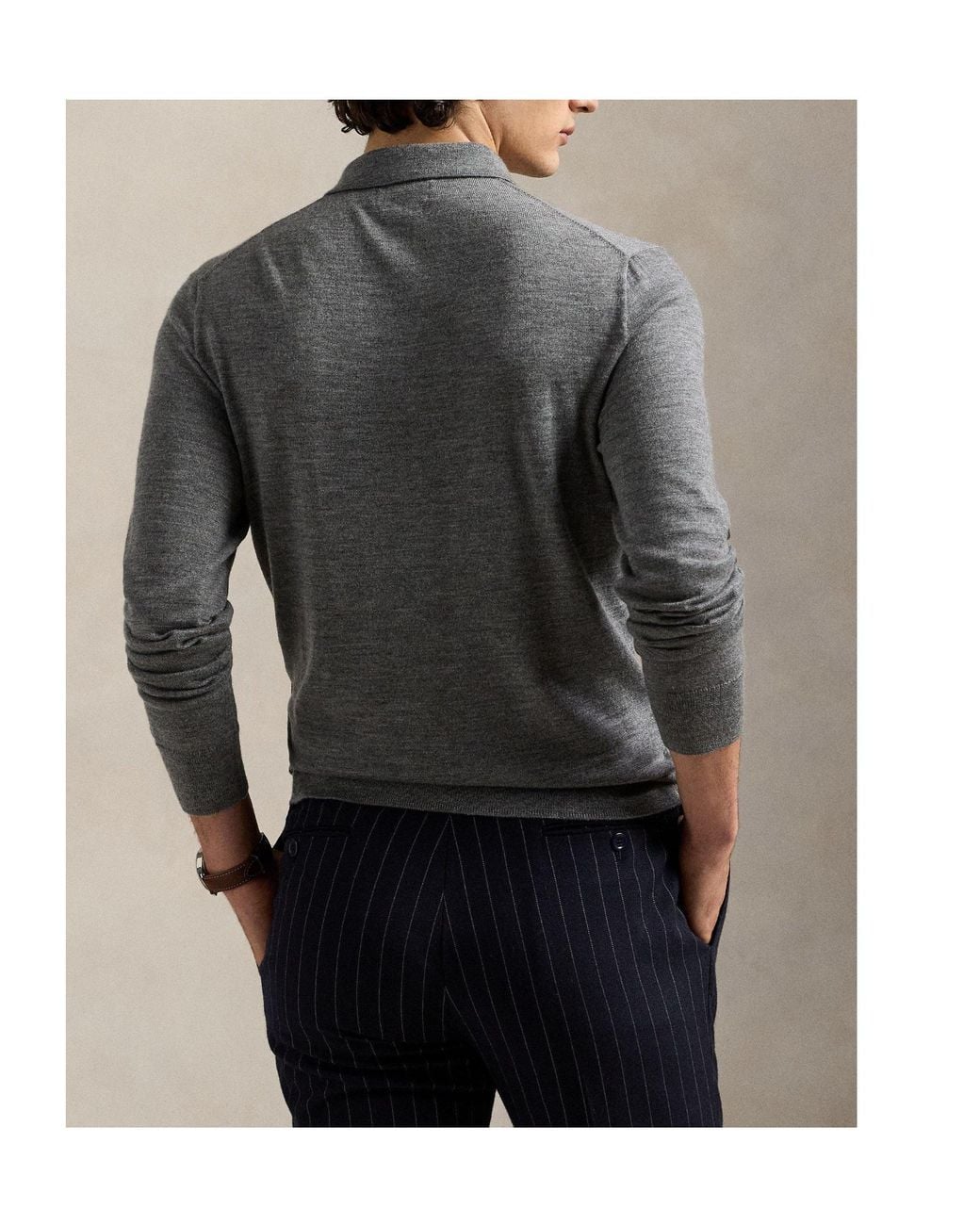Polo Ralph Lauren Gray Notched Collar Knitted Long-Sleeve Polo Shirt for men