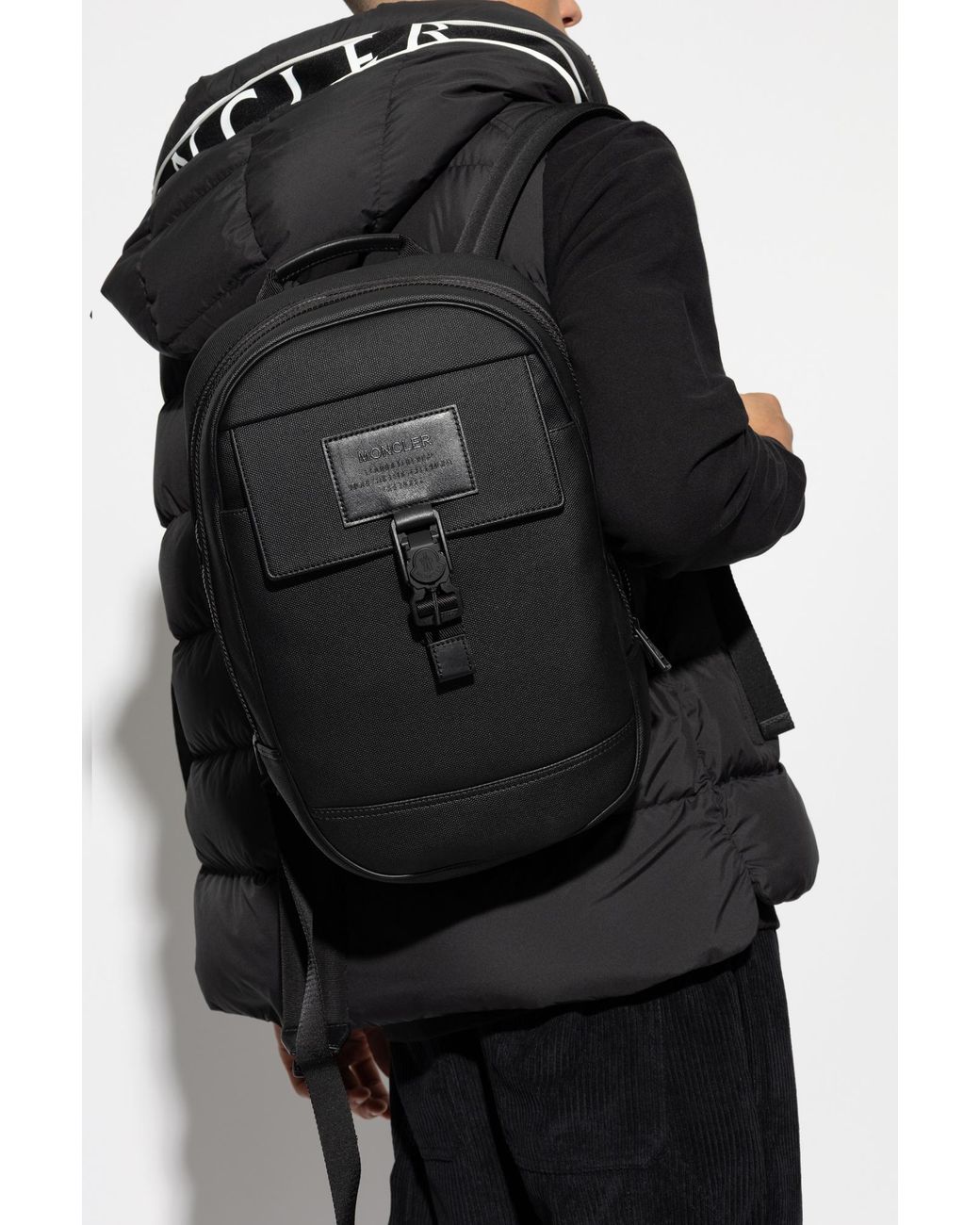 Moncler Black Logo Patch Zip-Up Backpack for men
