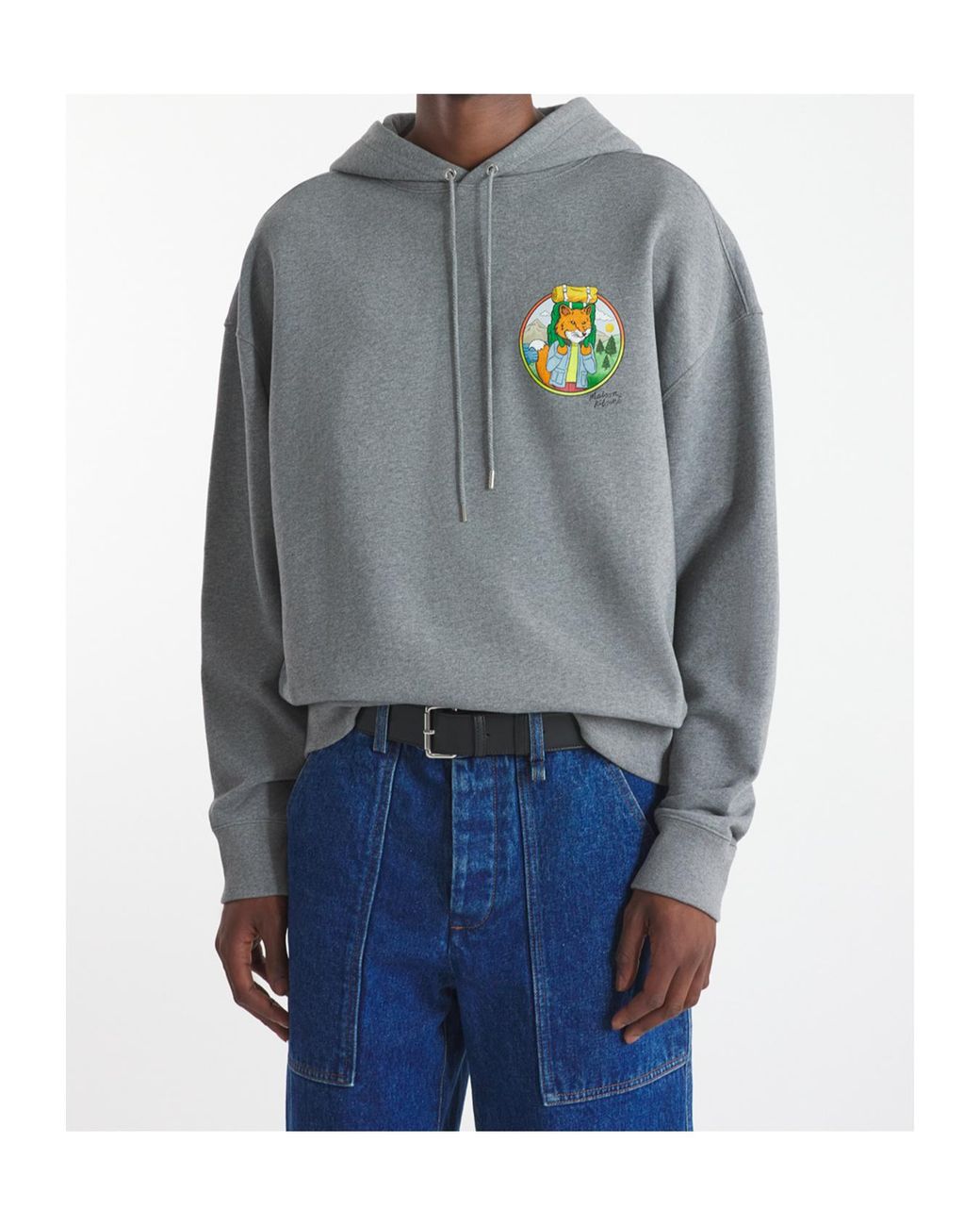 Maison Kitsuné Gray Maison Kitsuné Rambling Fox Printed Drawstring Hoodie for men