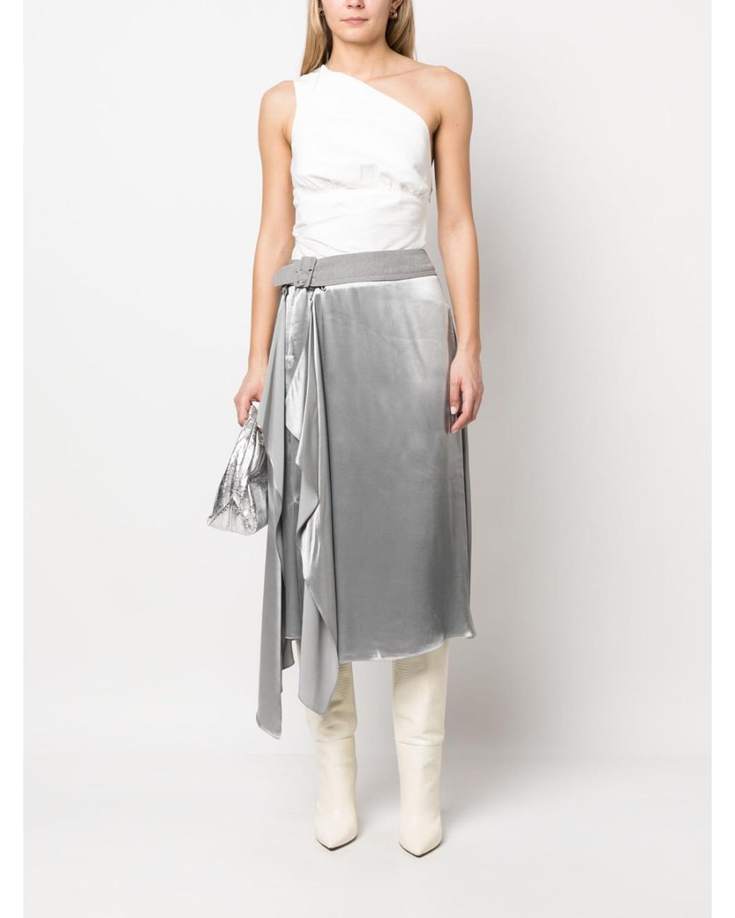 Fendi Gray Belted Ruffled Midi Skirt