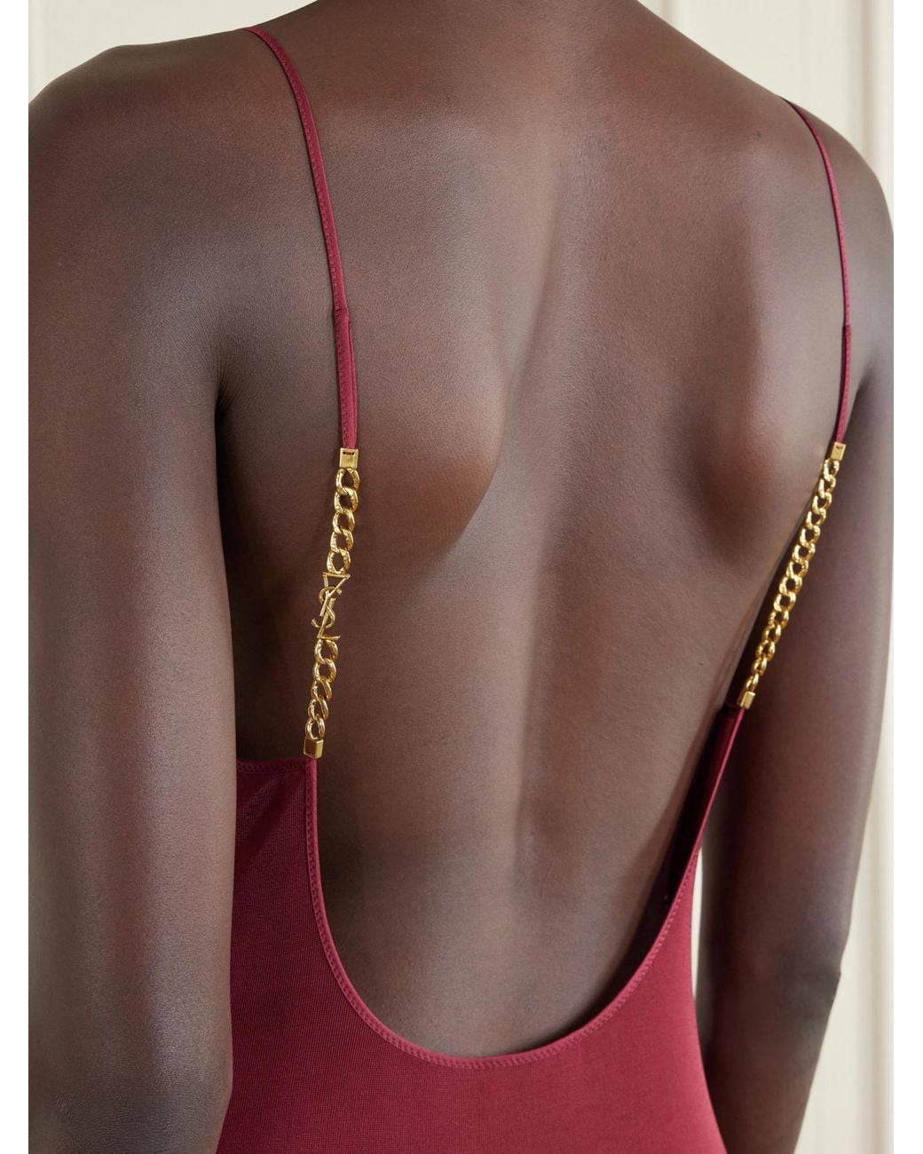 Saint Laurent Red Cassandre-Chain Backless Dress