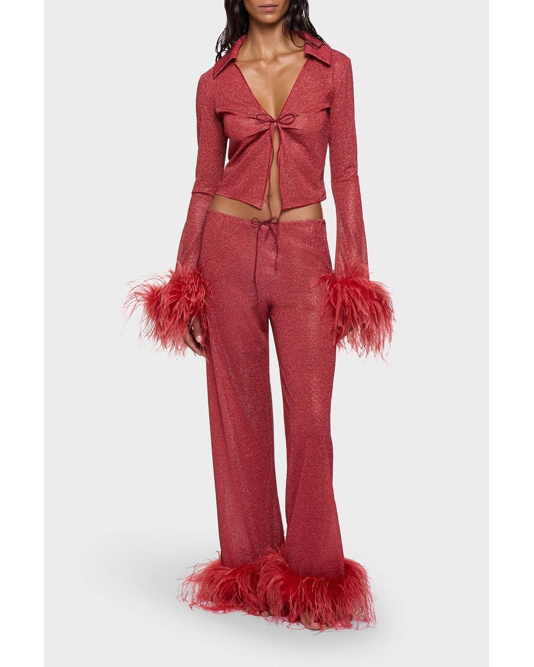 Oseree Red Oséree Feather-Trim Beach Trousers