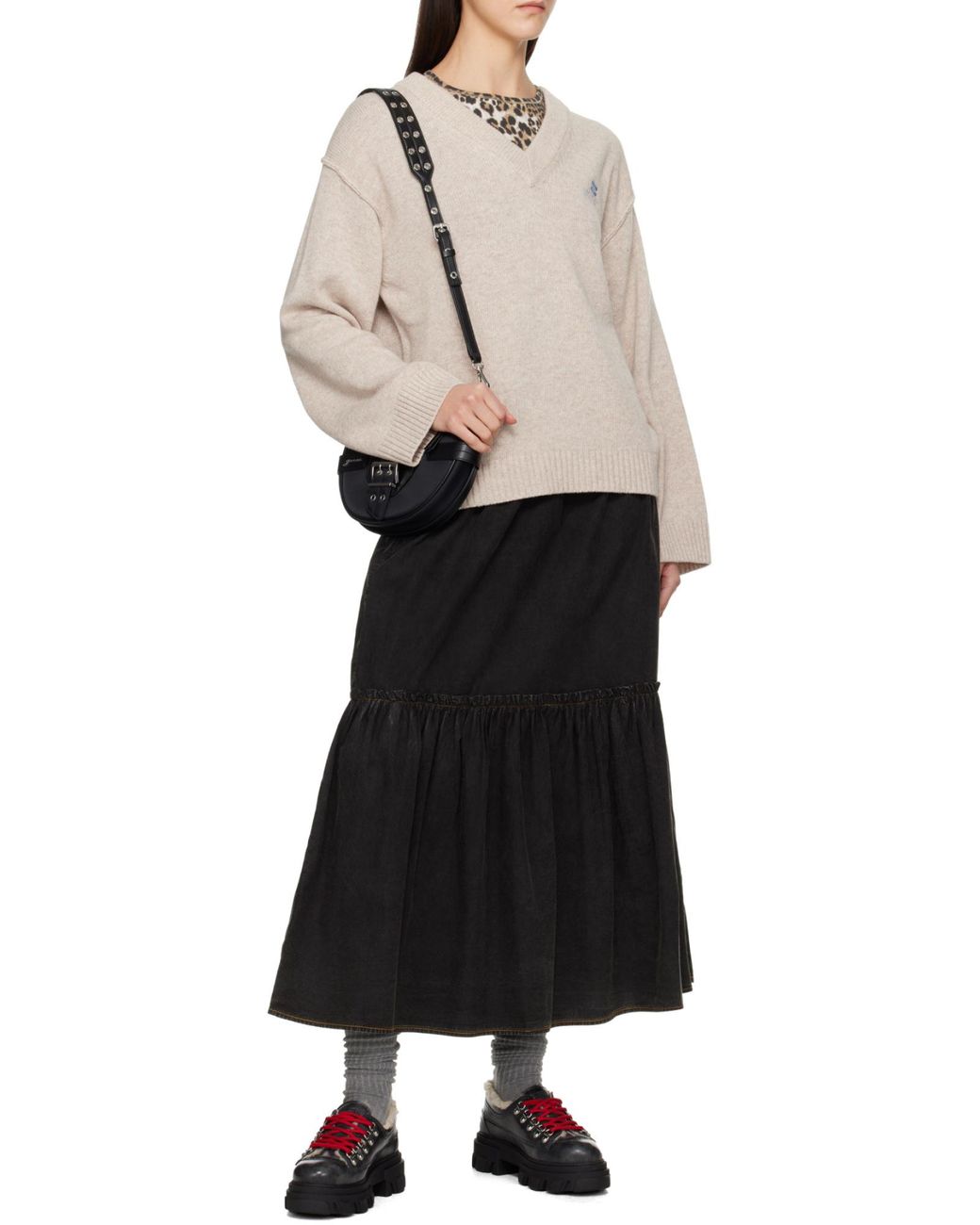 Ganni Natural Logo-Embroidered V-Neck Jumper