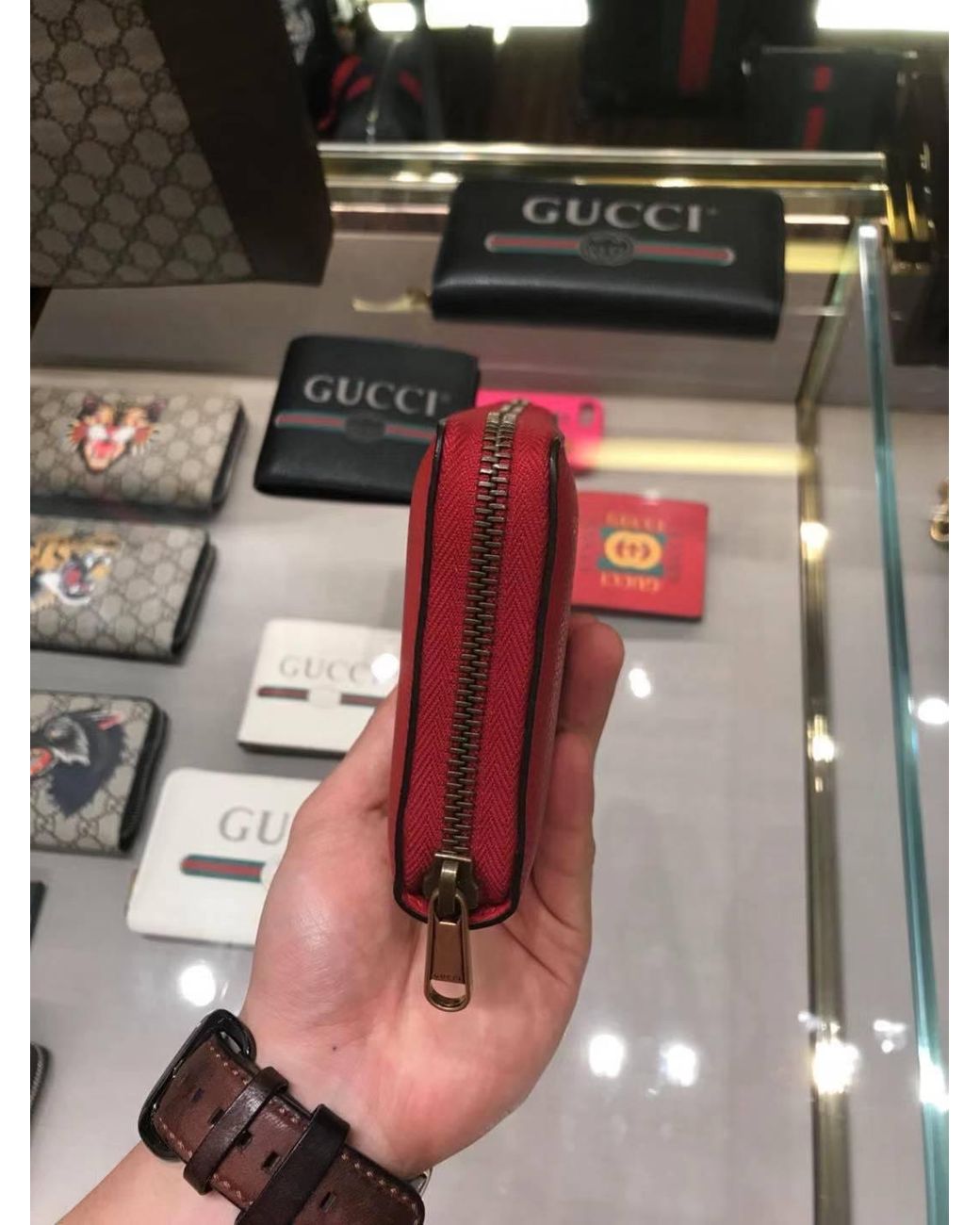 Gucci Red Print Leather Zip Around Wallet