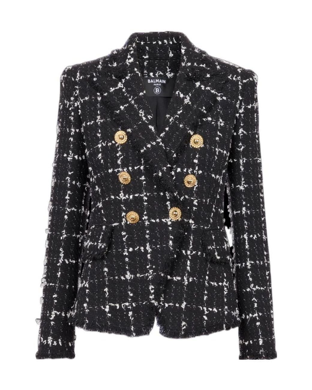 Balmain Black Check Tweed 6-Button Jacket