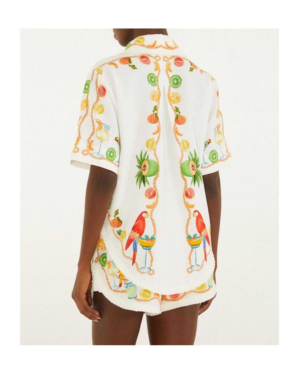 Farm Rio Metallic Off- Biricutico Scarf Embroidered Short Sleeve Shirt