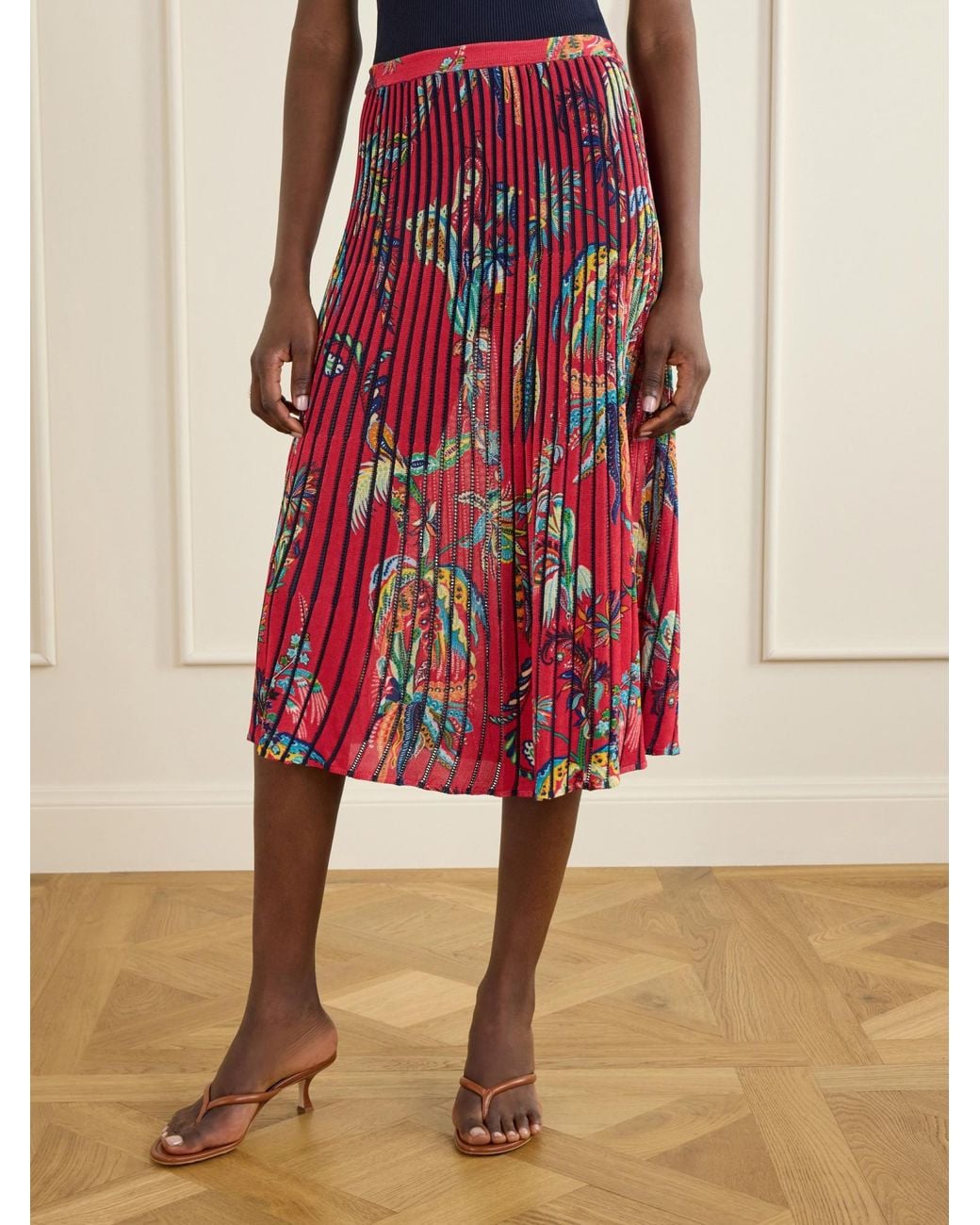 Etro Red Floral And Paisley-Print Knitted Midi Skirt