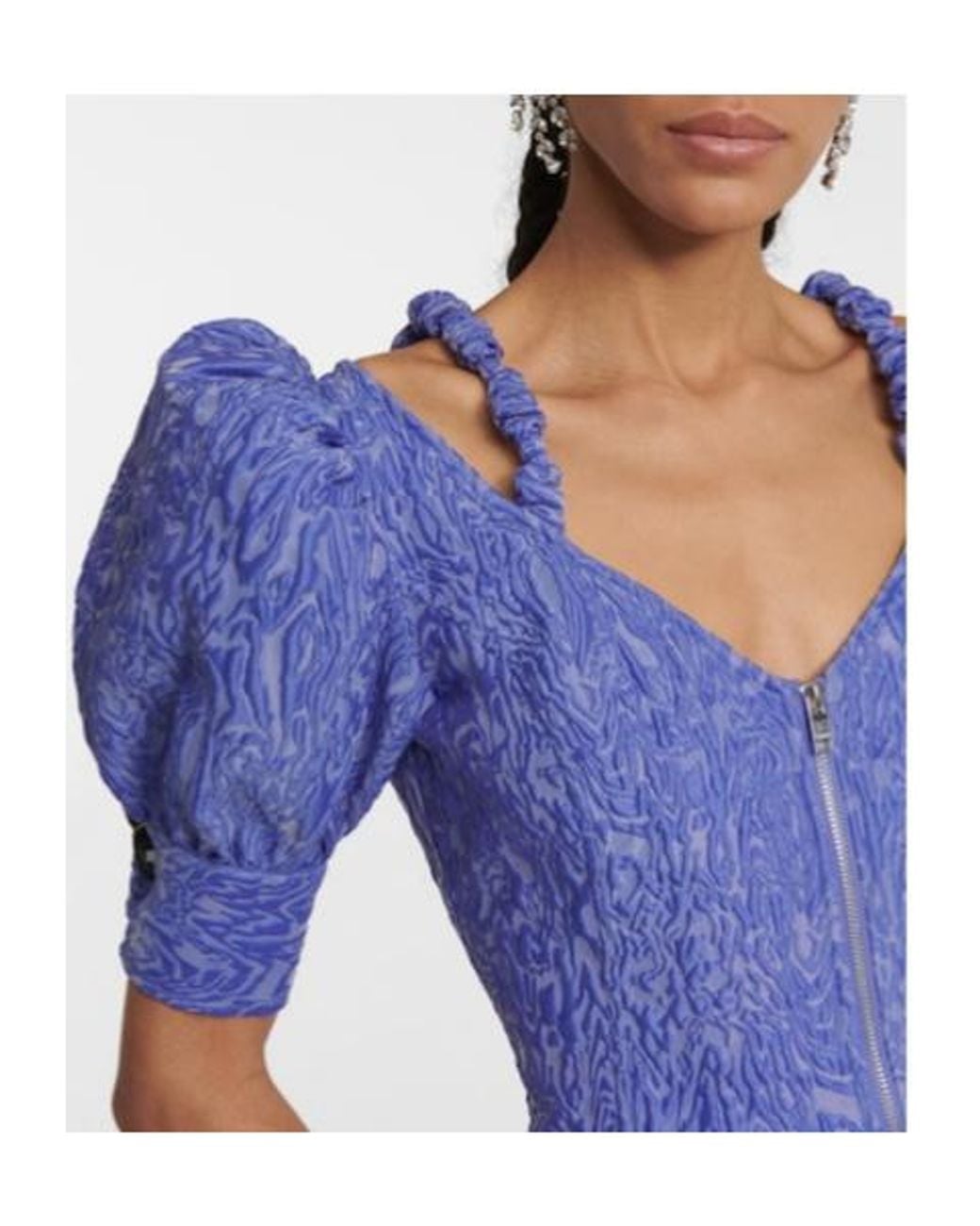 Ganni Blue One-Shoulder Bubble-Sleeve Dress
