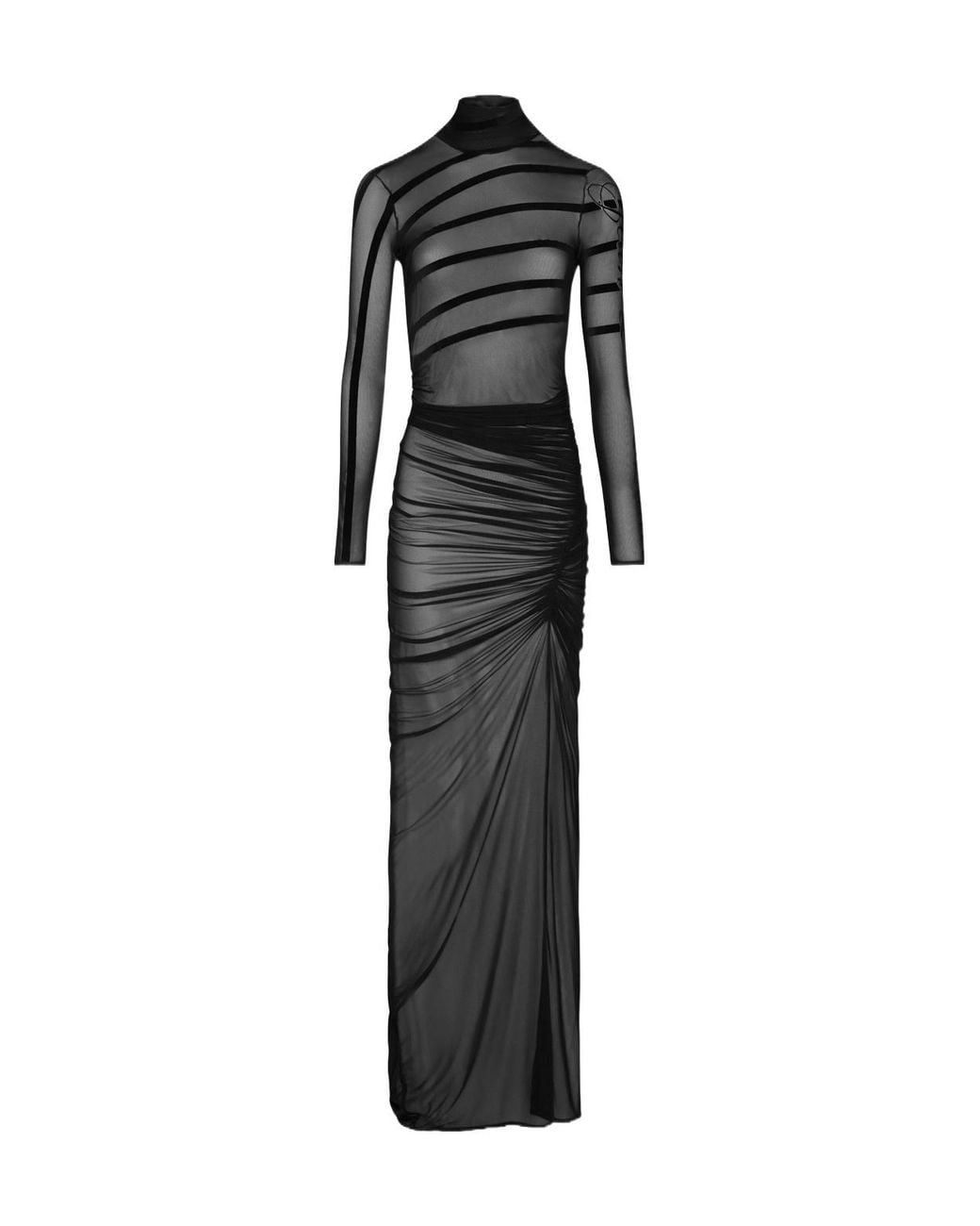 Jean Paul Gaultier Black Flocked-Stripe Mesh Maxi Dress