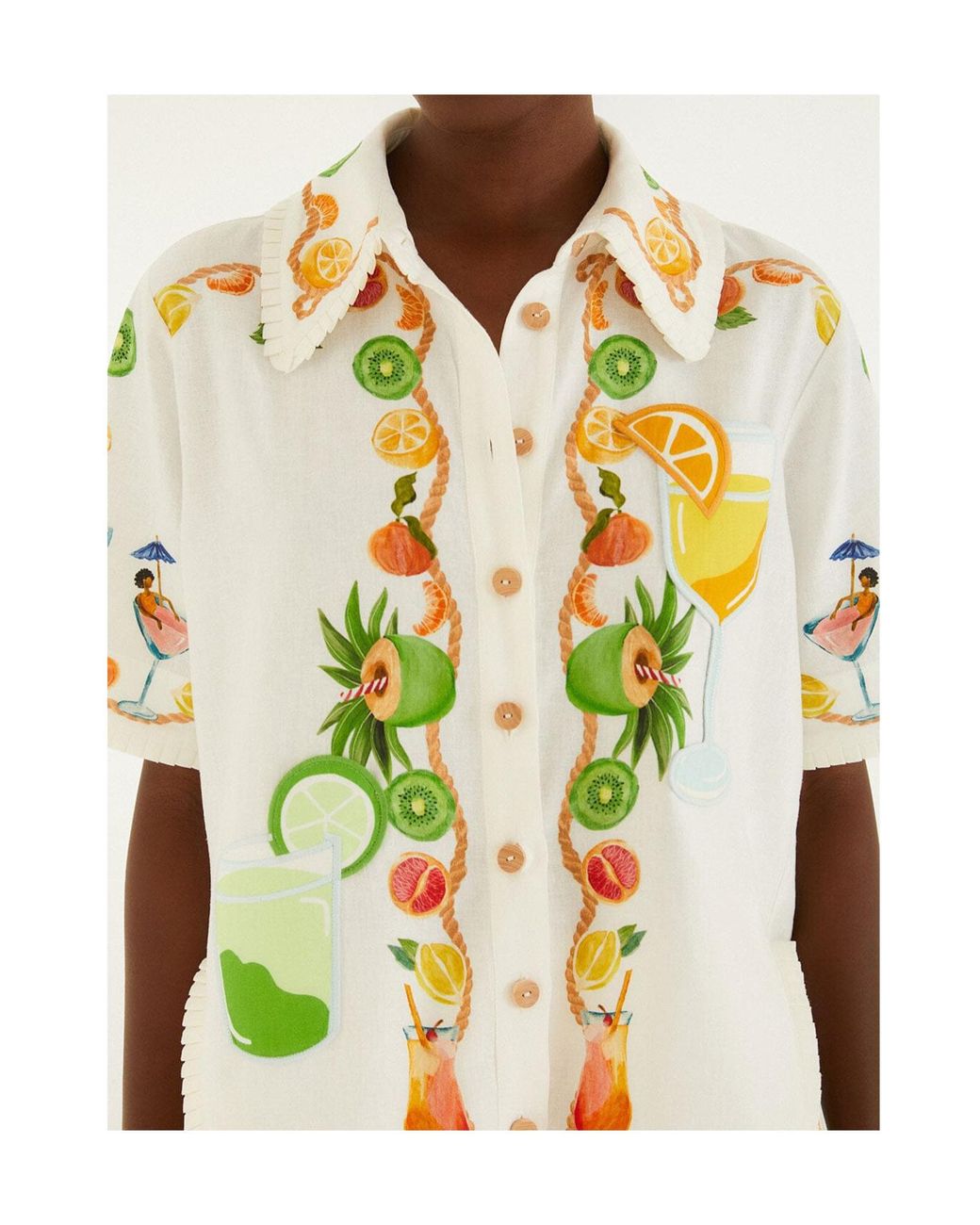 Farm Rio Metallic Off- Biricutico Scarf Embroidered Short Sleeve Shirt
