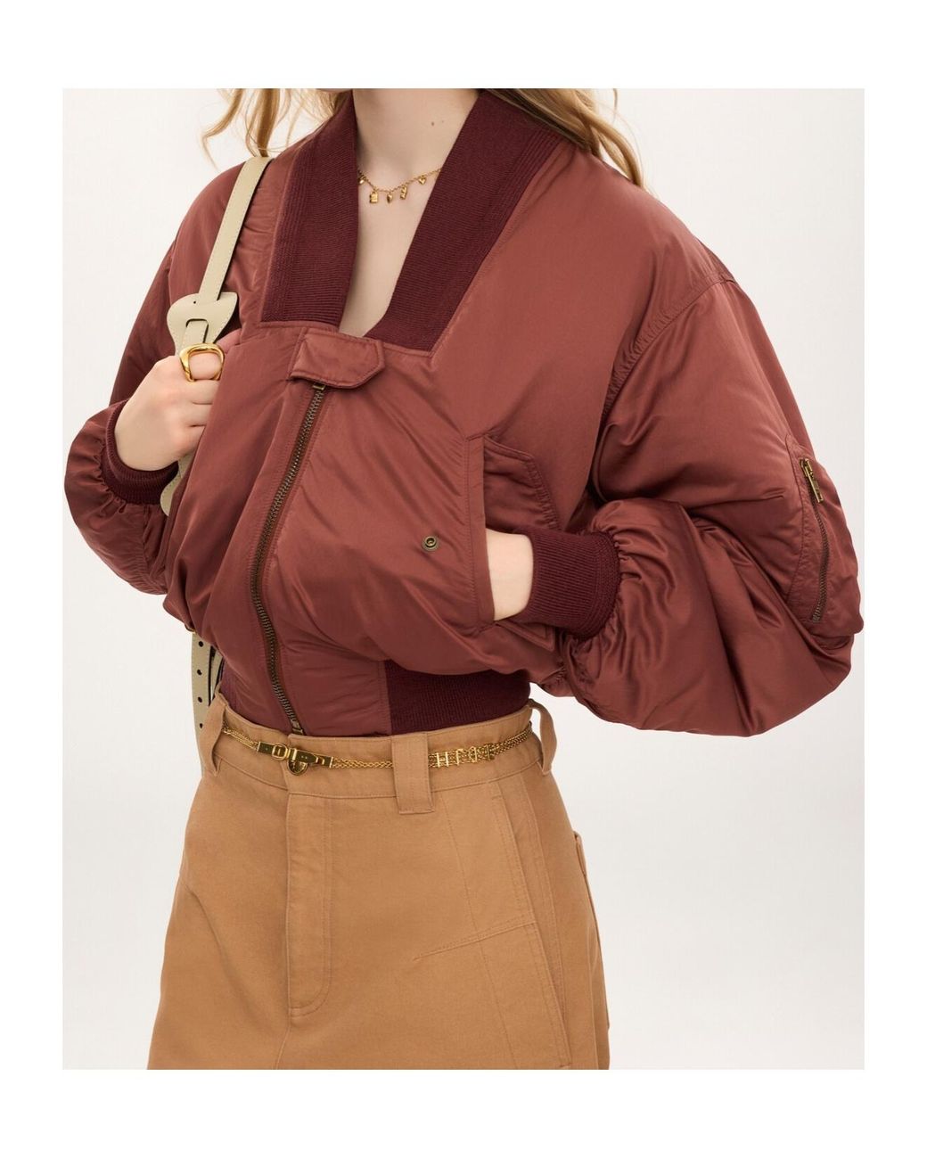 Chloé Red Ribbed-Trim Zip-Up Bomber Jacket