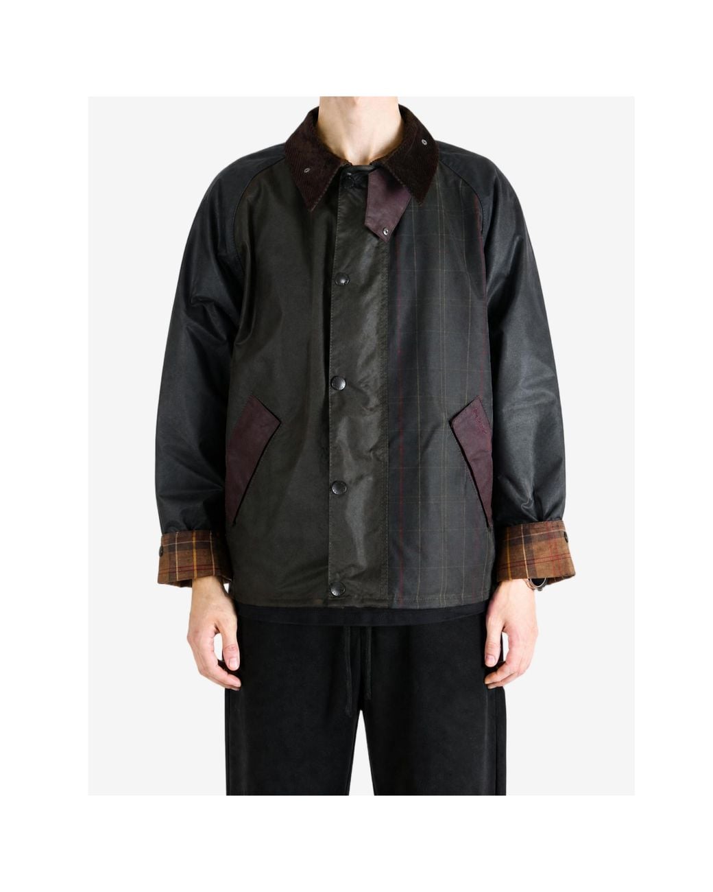 Barbour Black Tartan-Panelled Waxed-Cotton Jacket for men