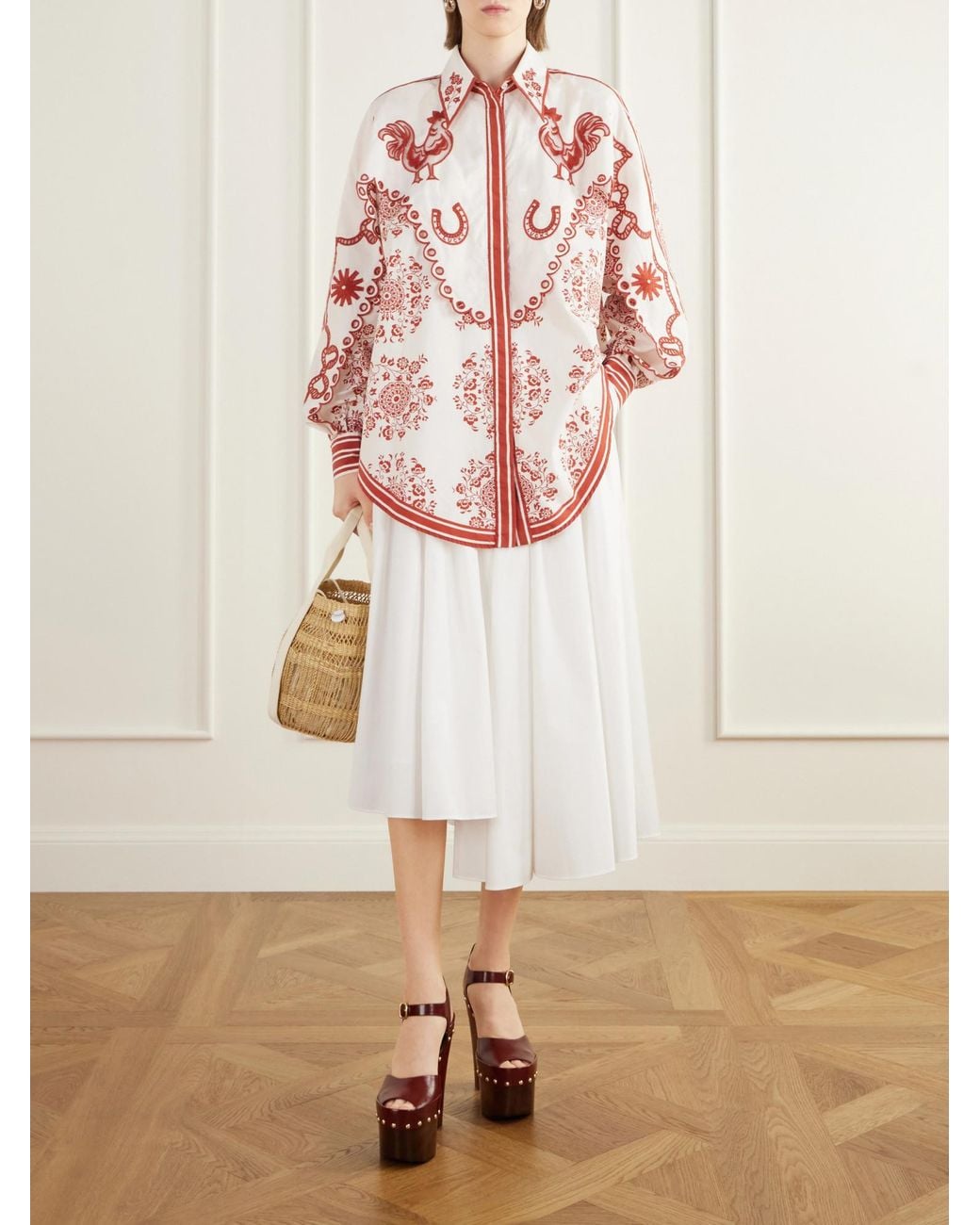 ALÉMAIS Scalloped Embroidered Printed Cotton-Poplin Shirt