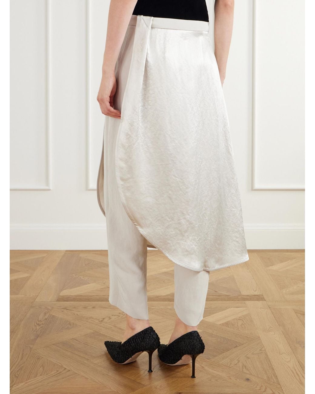 Maria McManus White Wrap-Effect Satin Straight-Leg Pants