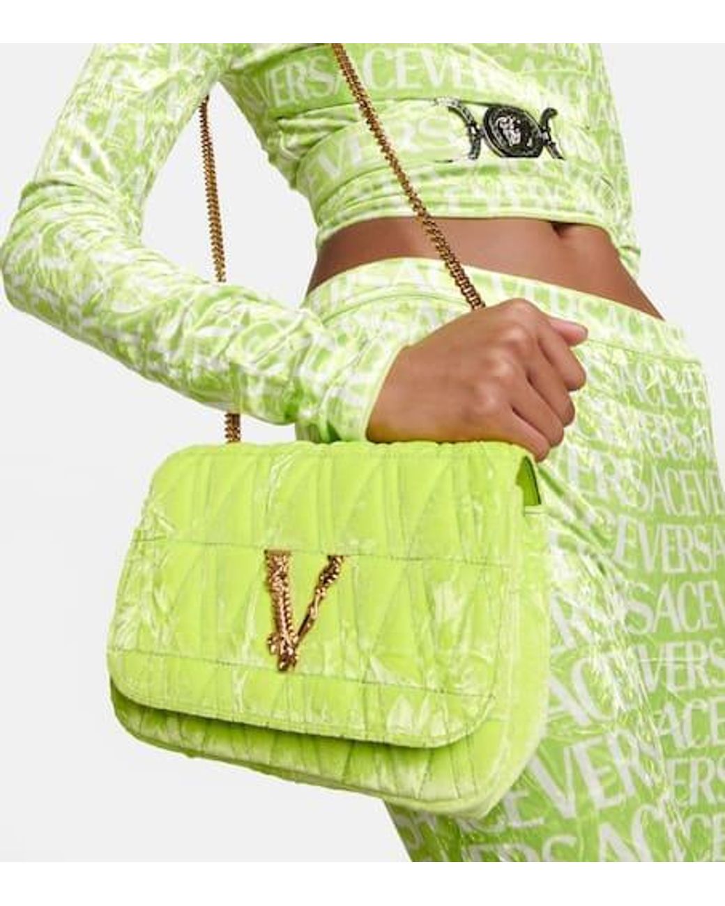 Versace Yellow Virtus Small Velvet Shoulder Bag