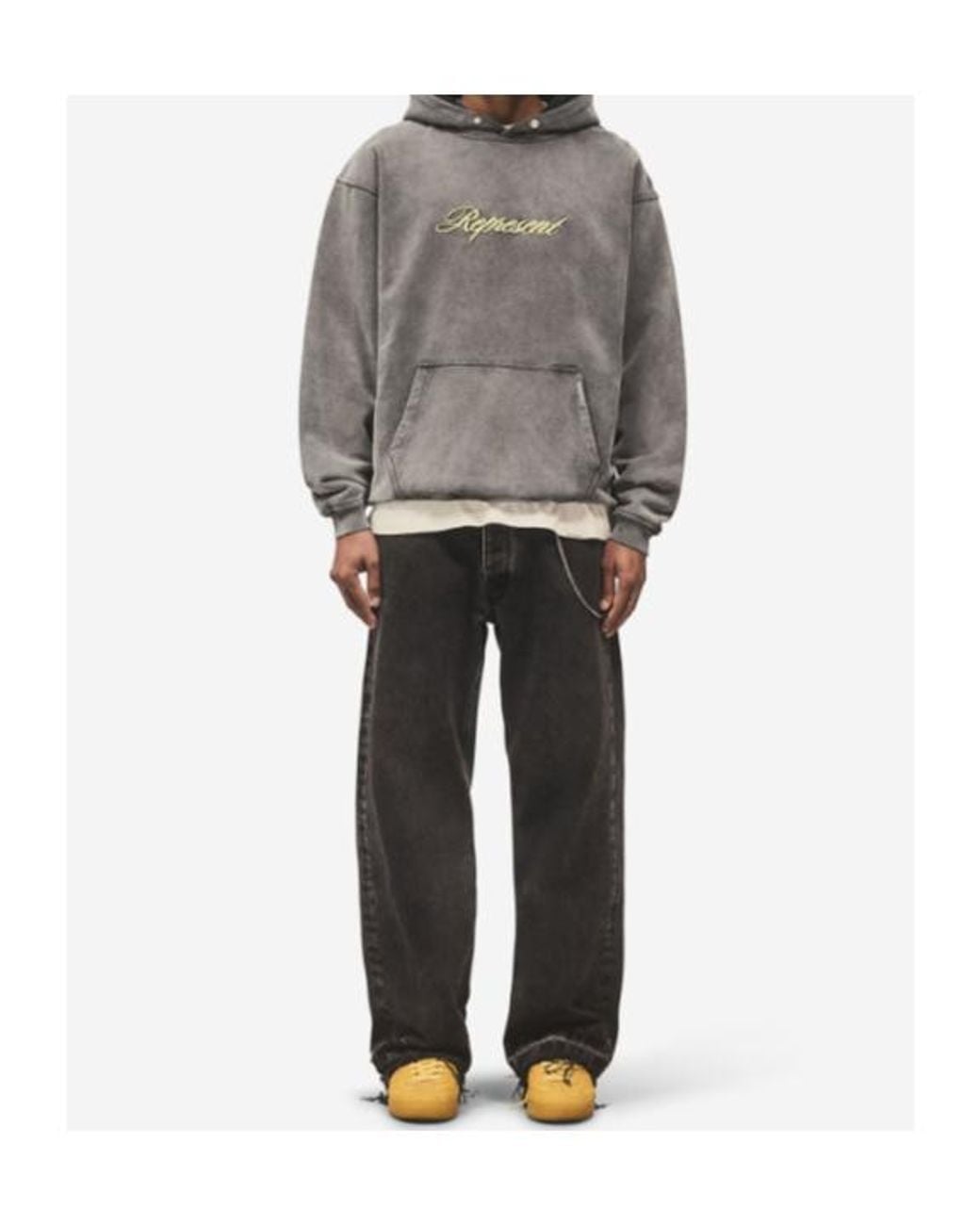 Represent Gray Script Logo Embroidered Hoodie for men