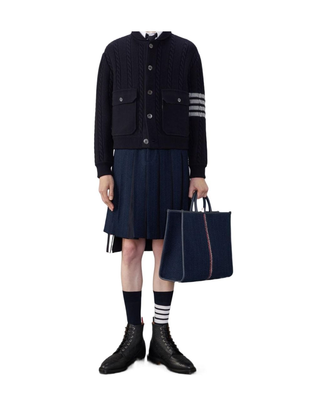Thom Browne Blue Bar Stripe Cable-Knit Bomber Jacket for men