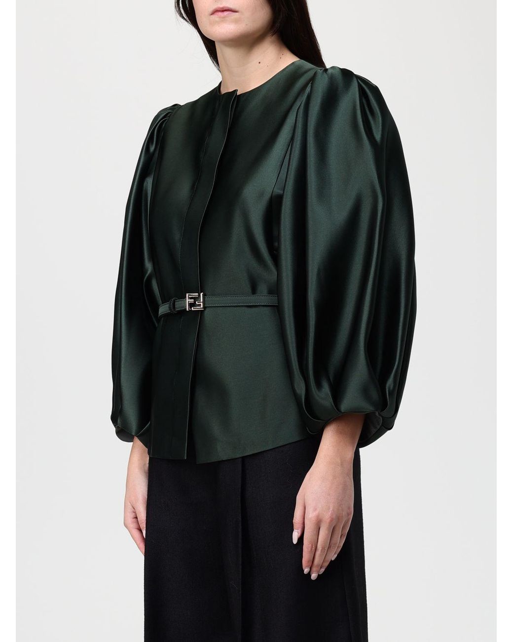 Fendi Green Duchess Crewneck Belted Jacket