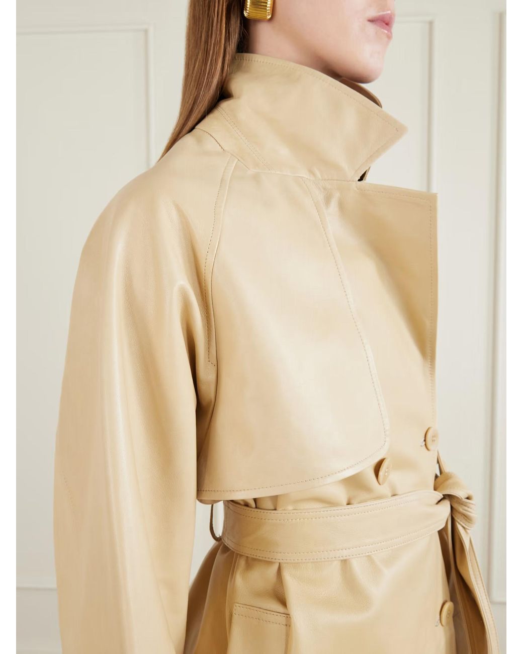 Nour Hammour Natural Double-Breasted Belted Leather Trench Coat