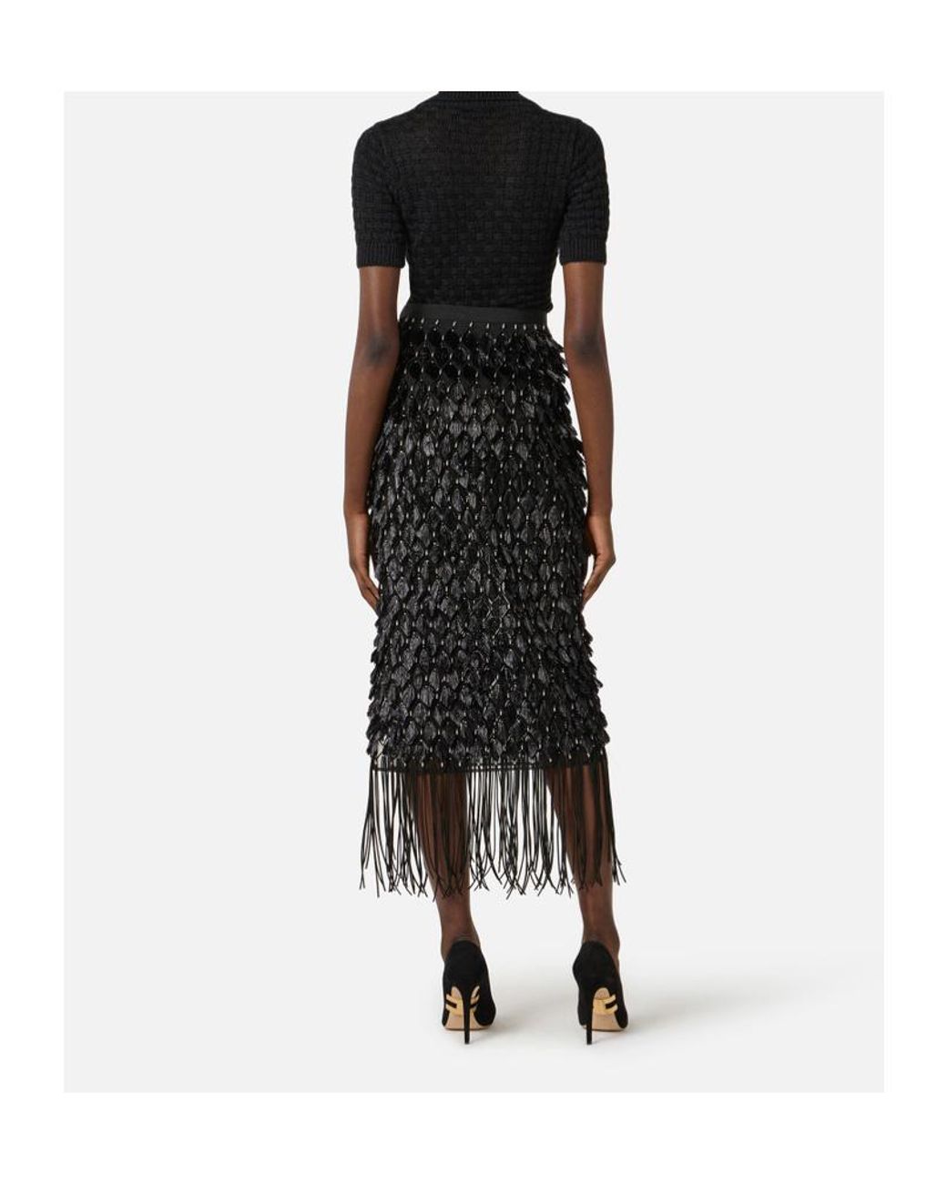 Elisabetta Franchi Black Basket-Stitch Tassel Knit Top