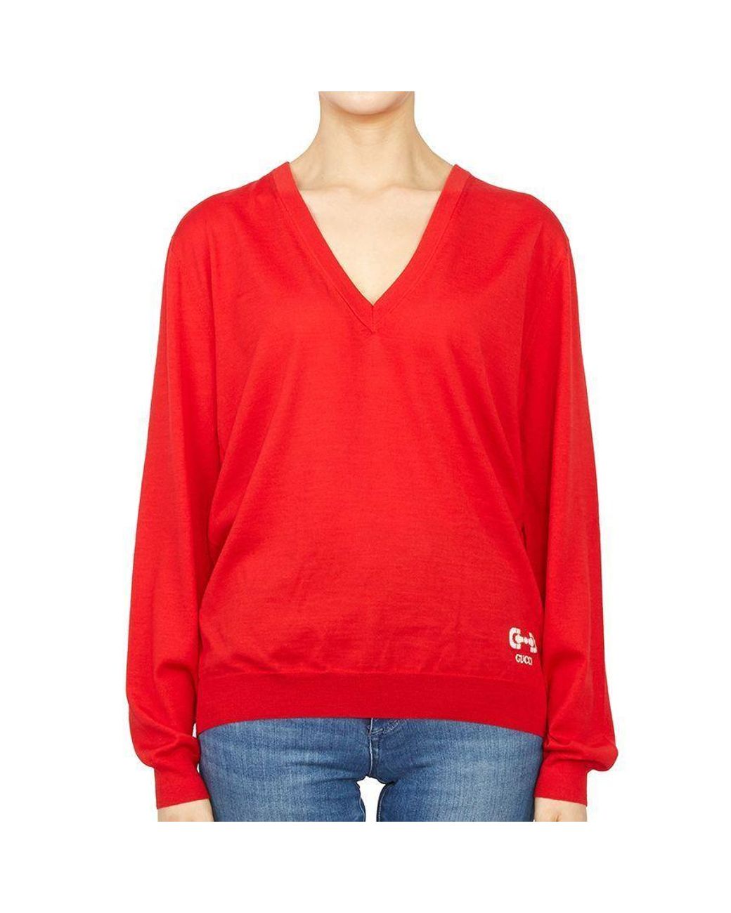 Gucci Red V-Neck Long-Sleeved Jumper