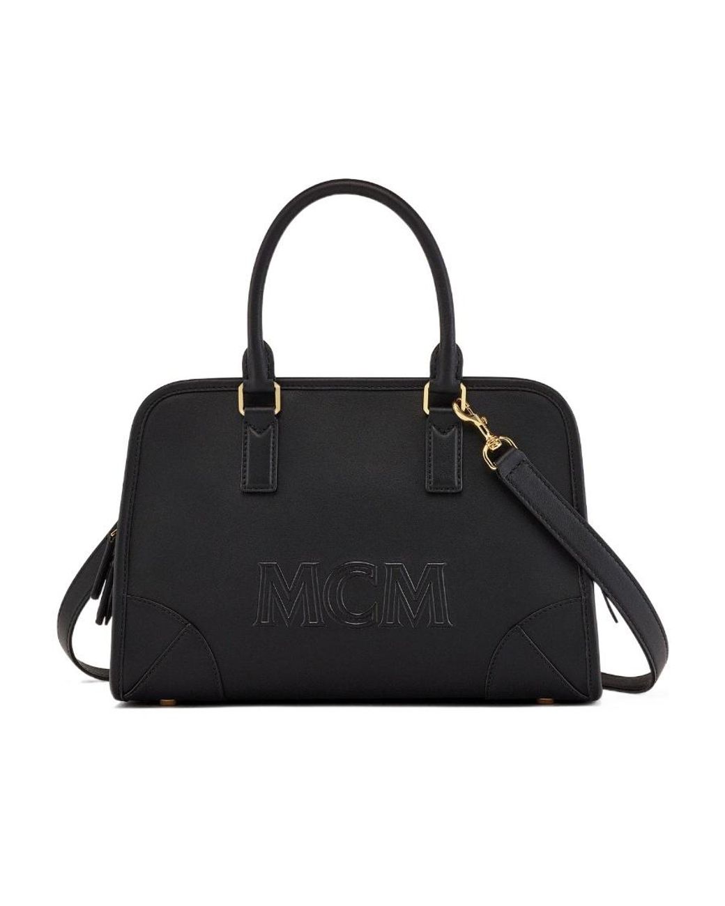 MCM Black Medium Logo Embossed Aren Boston Bag