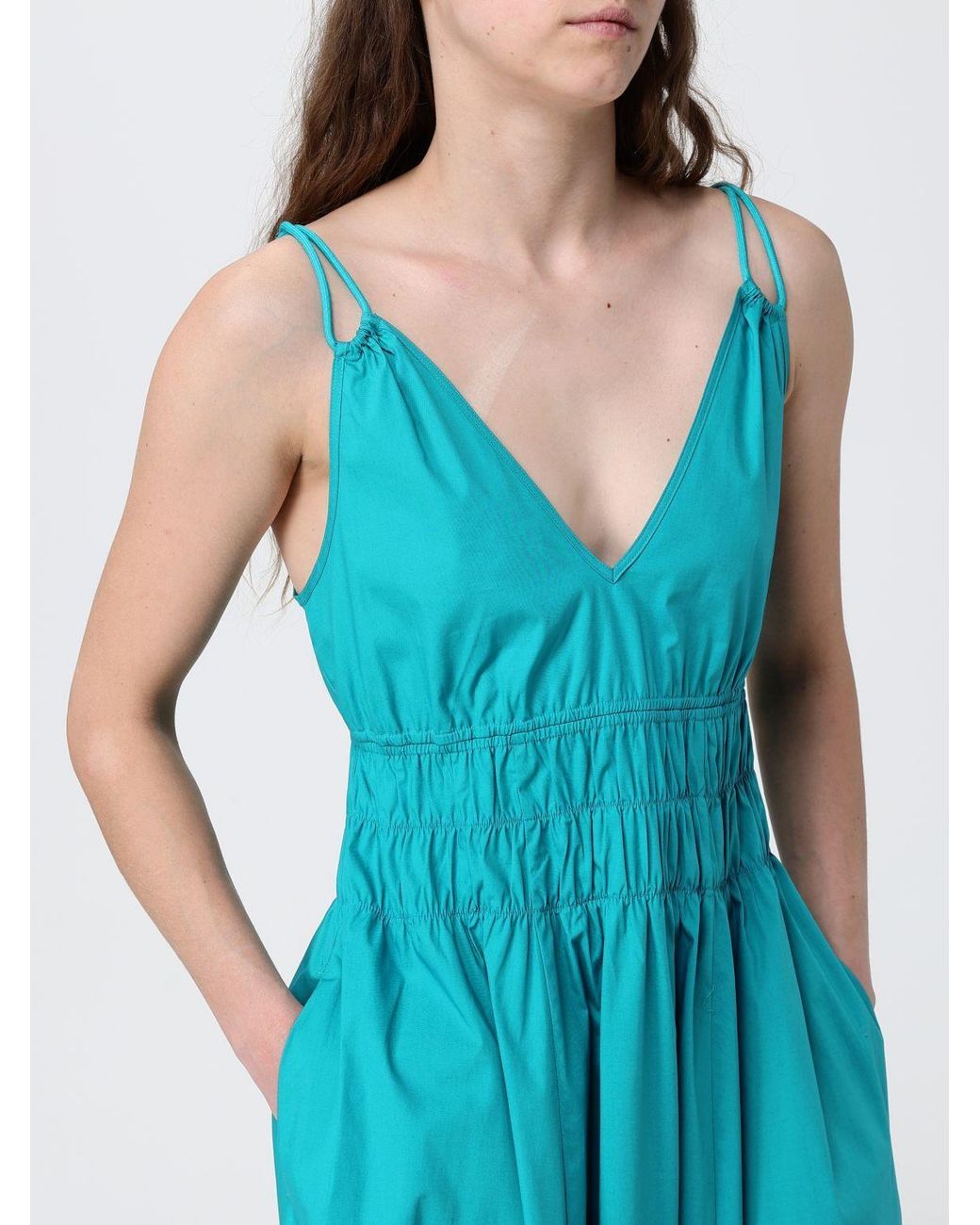 Pinko Blue Shirred V-Neck Dress