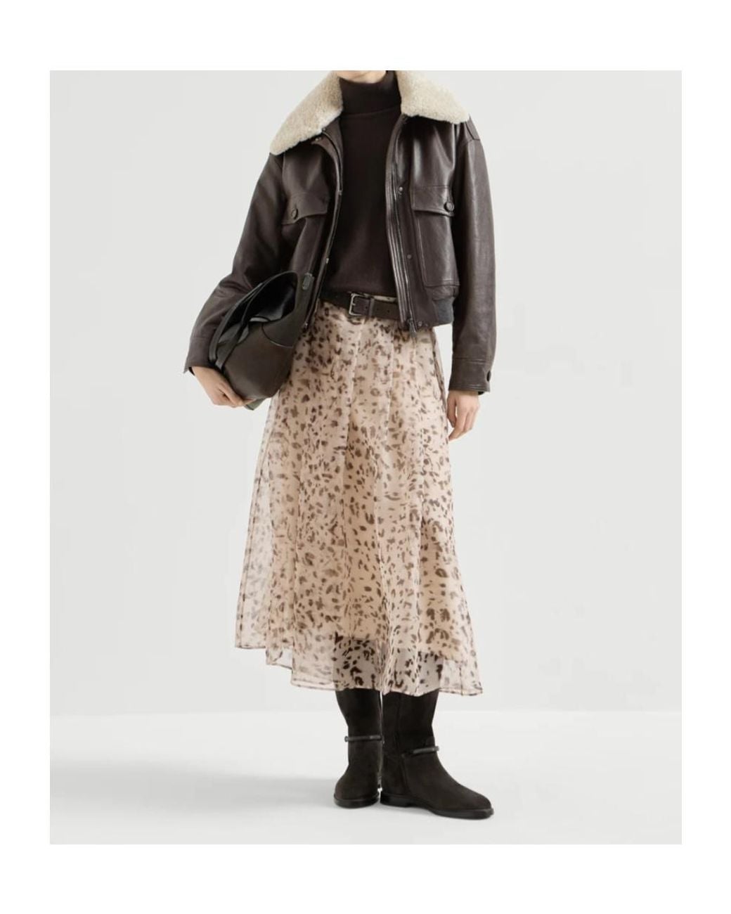 Brunello Cucinelli Natural Lynx Print Silk Organza Pleated Skirt